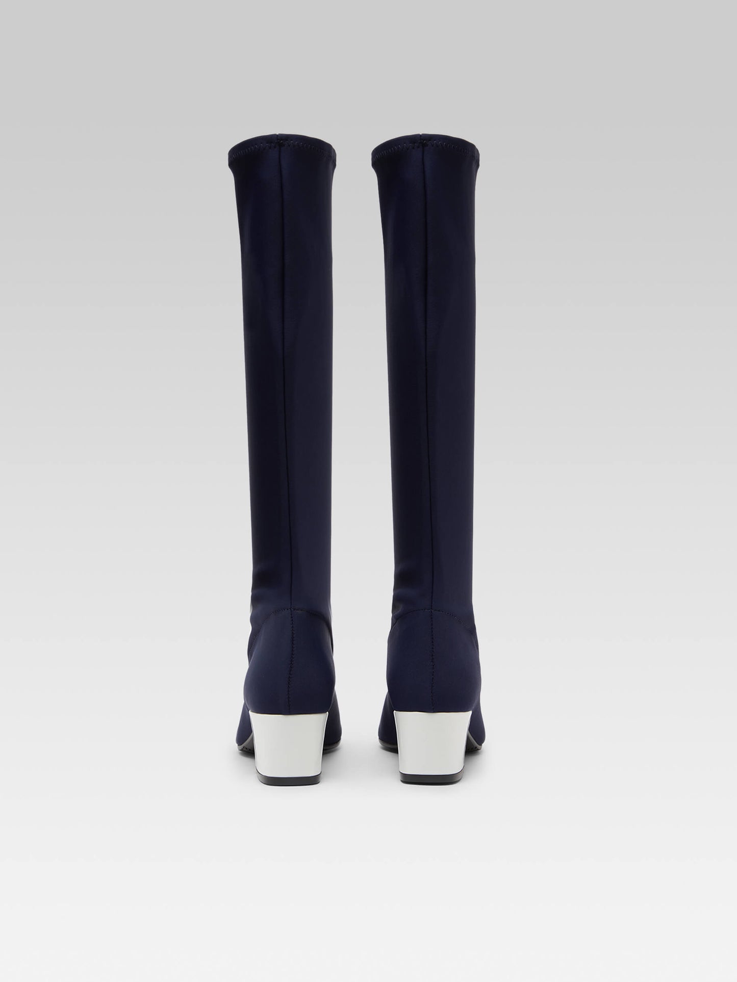 Malaga - Bottes tissu stretch bleu et cuir verni blanc