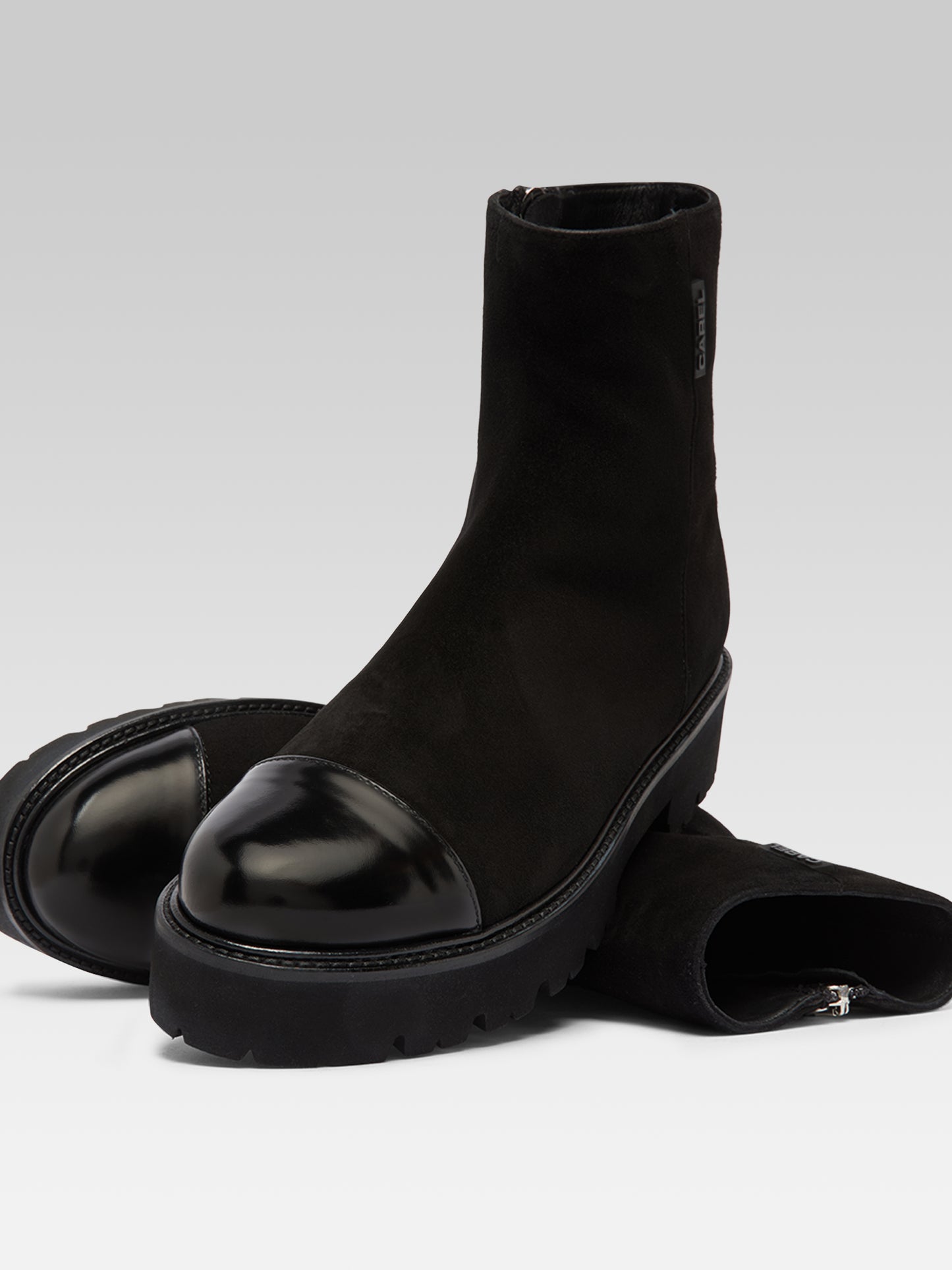 Chouchou - Black suede and glossy leather ankle boots