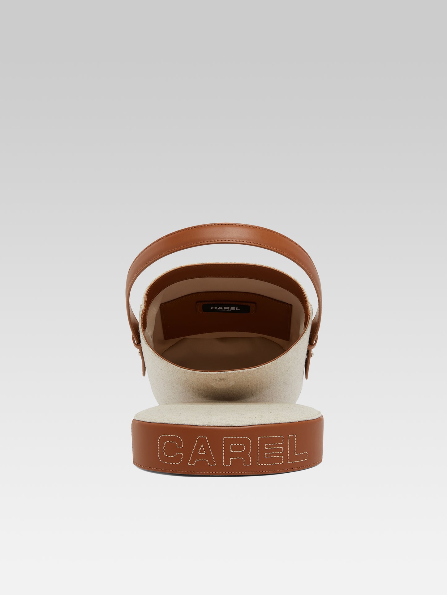 Bibi - Ecru fabric and camel leather bucket bag