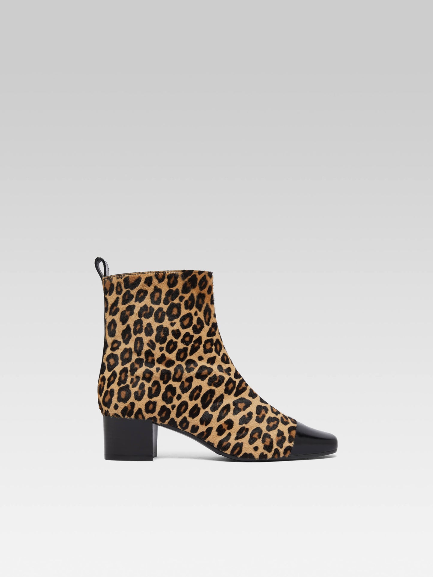Estime - Upcycled leopard pony leather and black glossy leather ankle boots