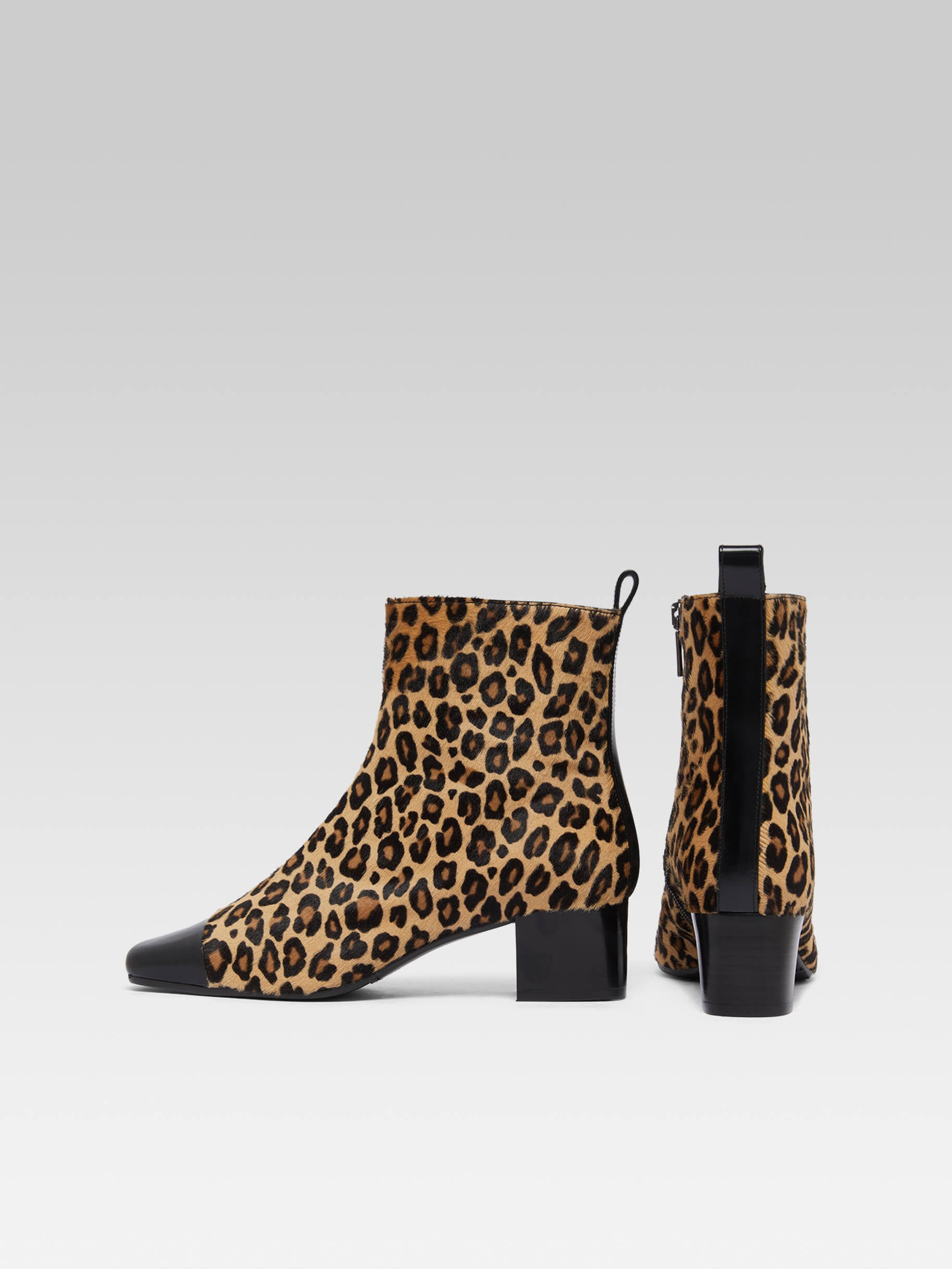 Estime - Upcycled leopard pony leather and black glossy leather ankle boots - Image number 3
