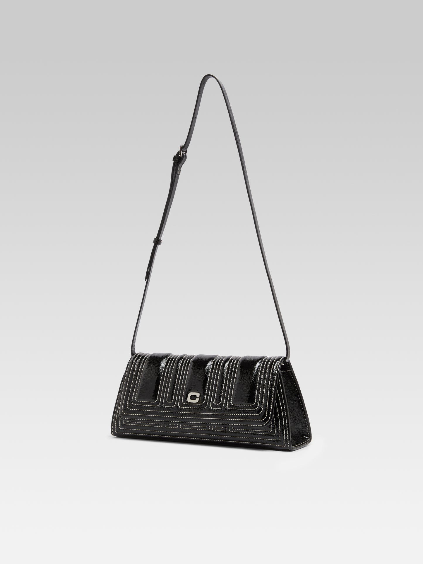 Madeleine - Sac épaule cuir verni noir et coutures ivoire