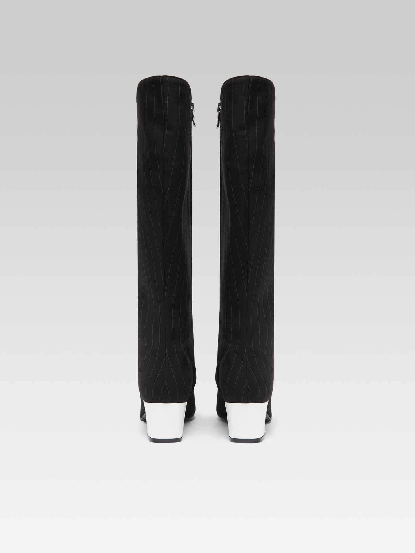 Malaga - Upcycled navy blue striped fabric and white patent leather boots