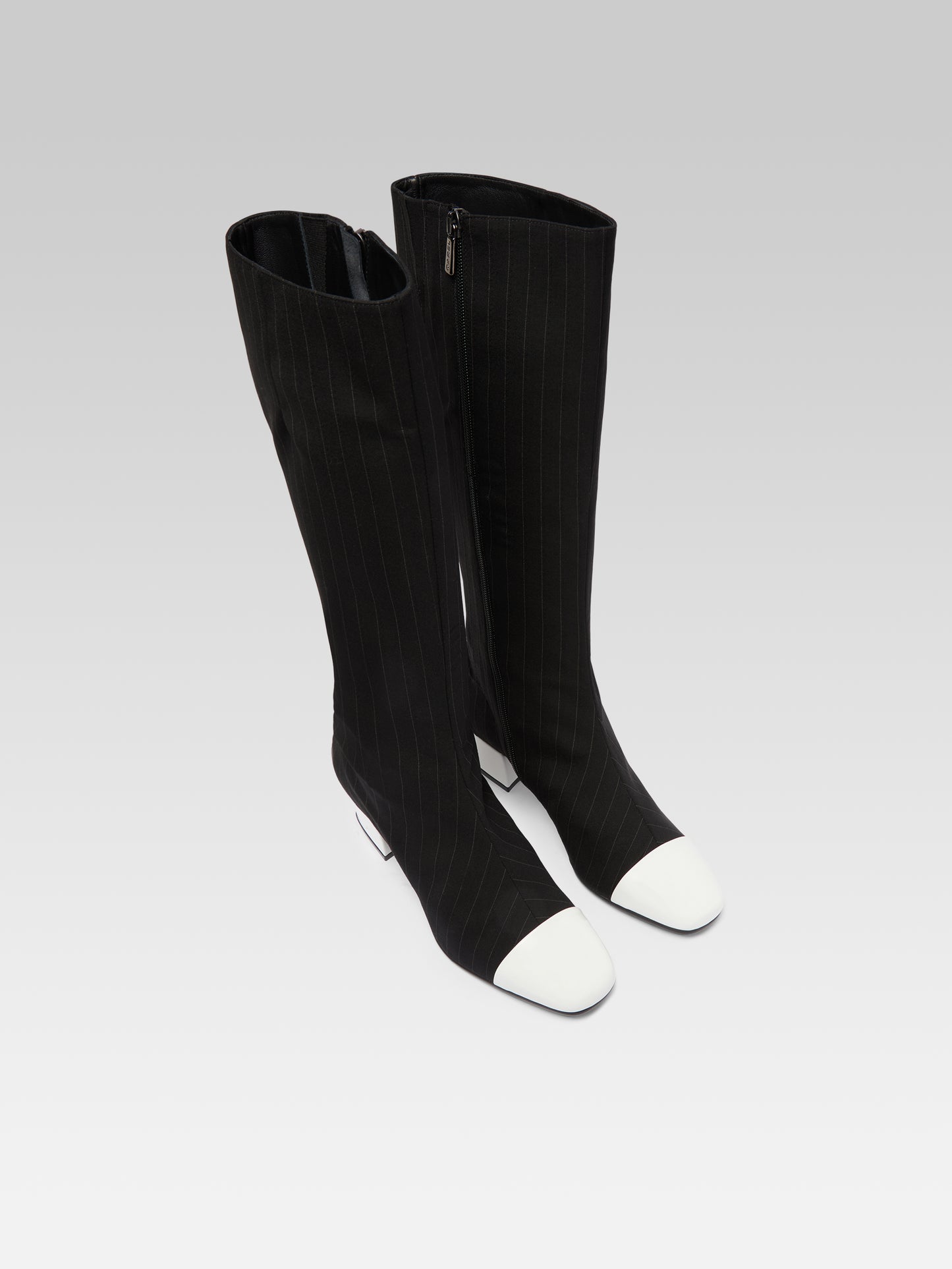 Malaga - Upcycled navy blue striped fabric and white patent leather boots