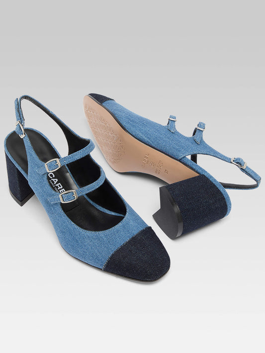 Papaya - Two-tone blue denim fabric slingback Mary Janes - Image number 7