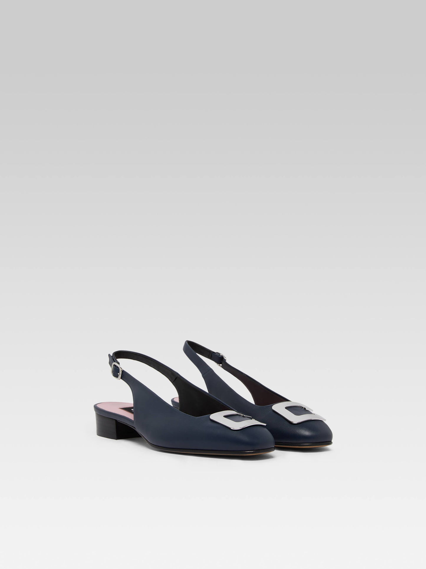 Coquelicot - Navy blue leather slingback with C jewel