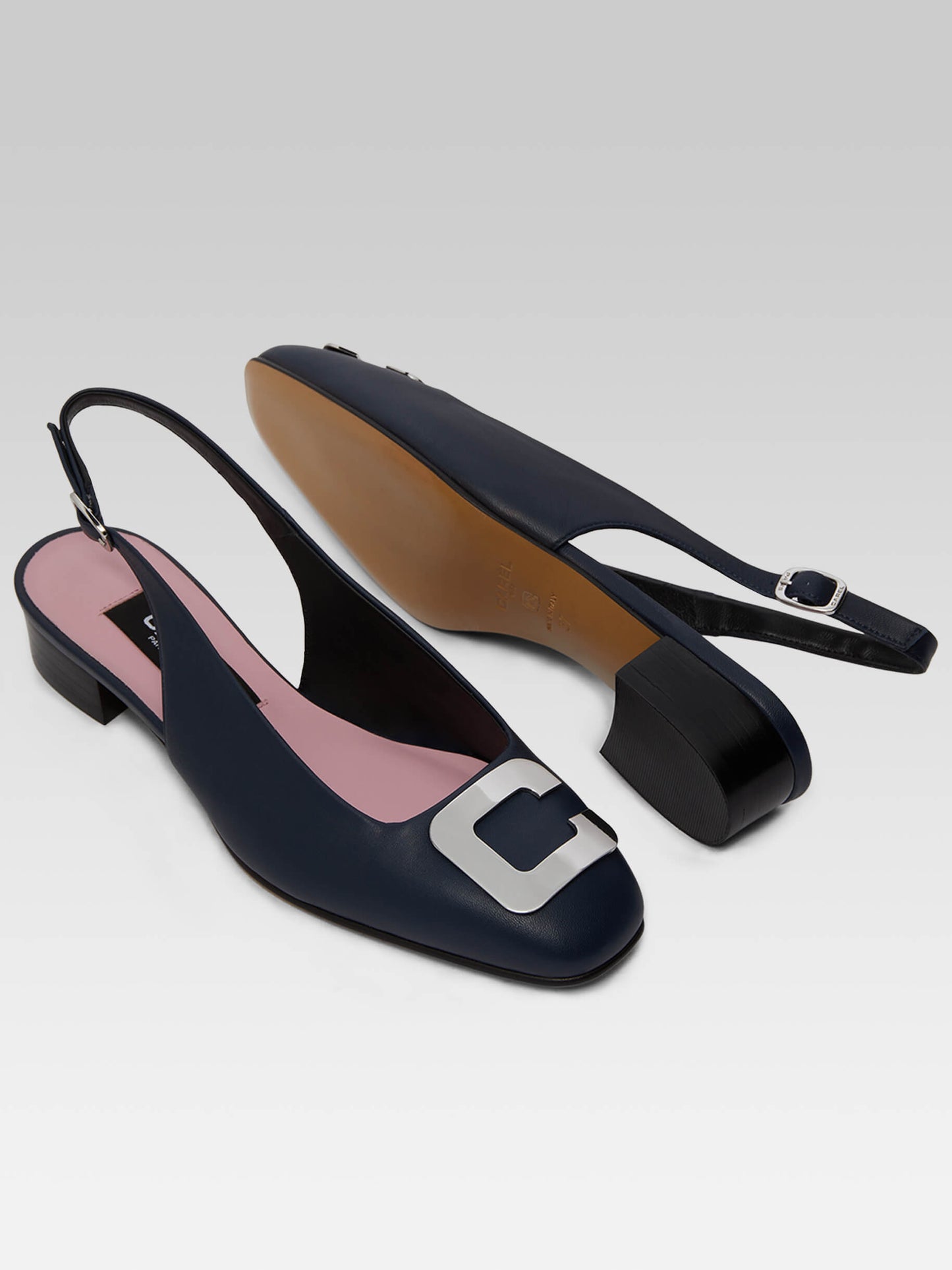 Coquelicot - Navy blue leather slingback with C jewel