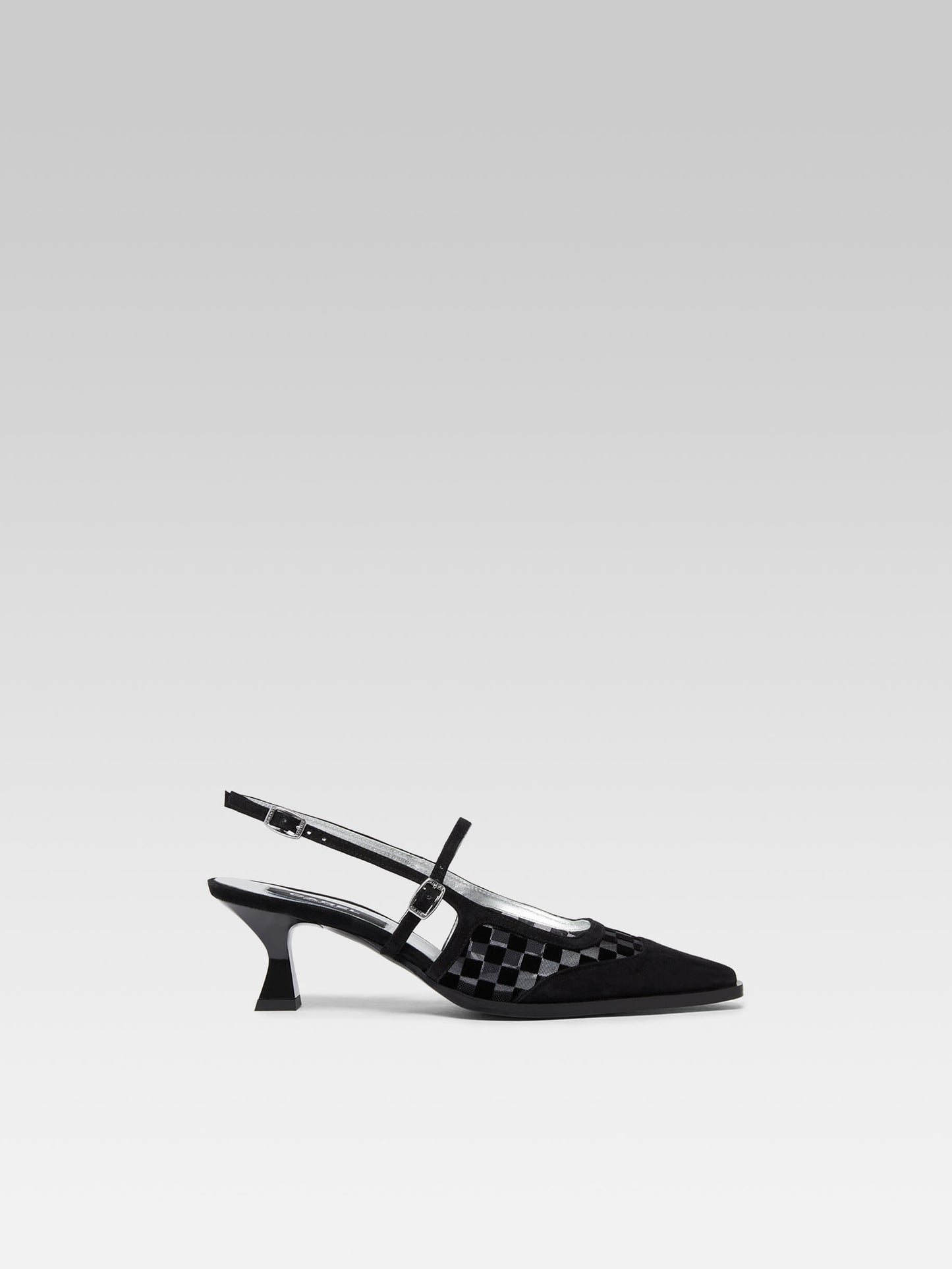 Cecile - Black checkered suede and mesh leather slingback pumps