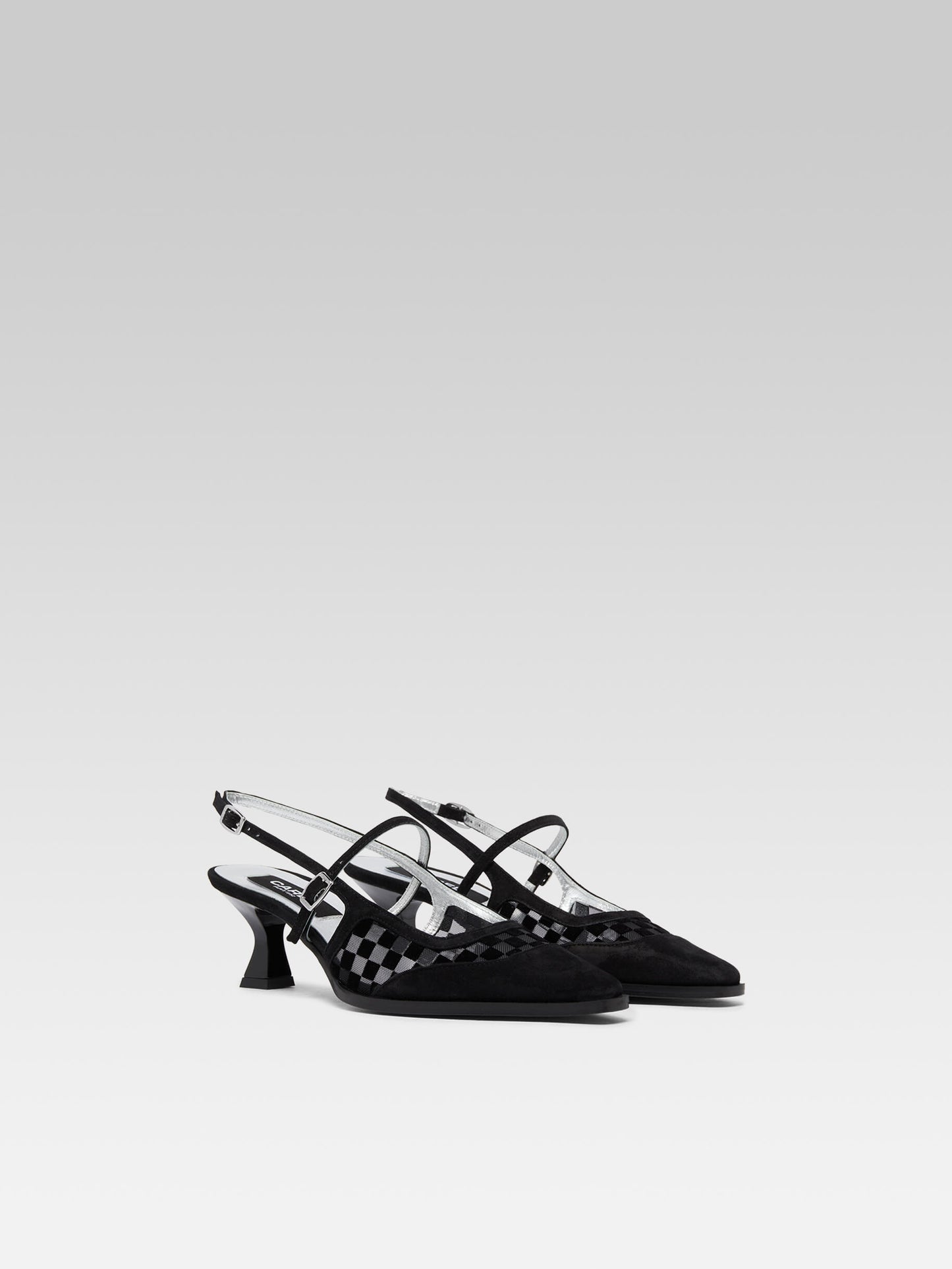 Cecile - Black checkered suede and mesh leather slingback pumps