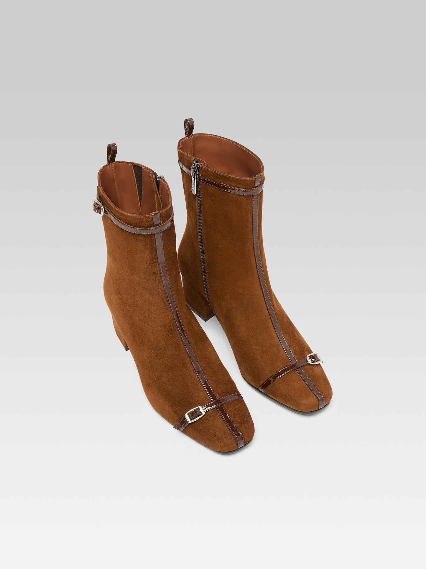 Start - Bottines cuir velours marron avec brides vernies