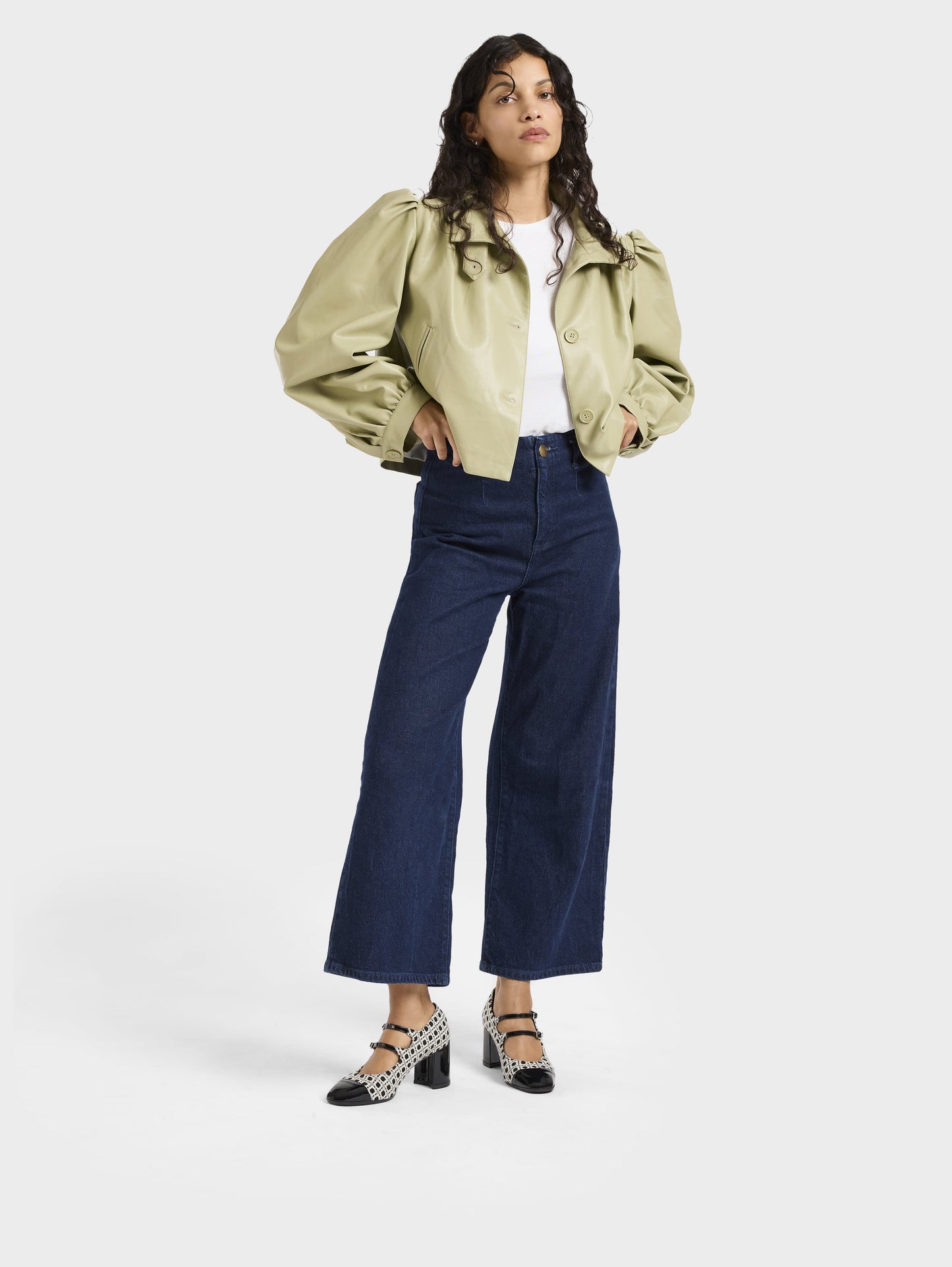 Cherry - Black and white woven and black patent leather Mary Janes pumps