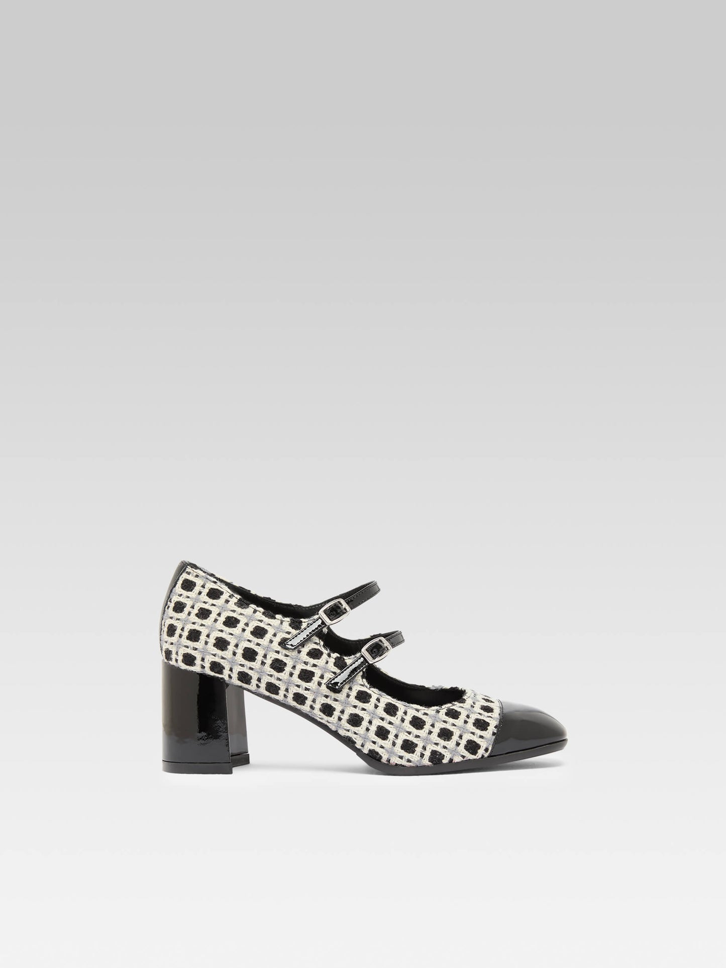 Cherry - Black and white woven and black patent leather Mary Janes pumps