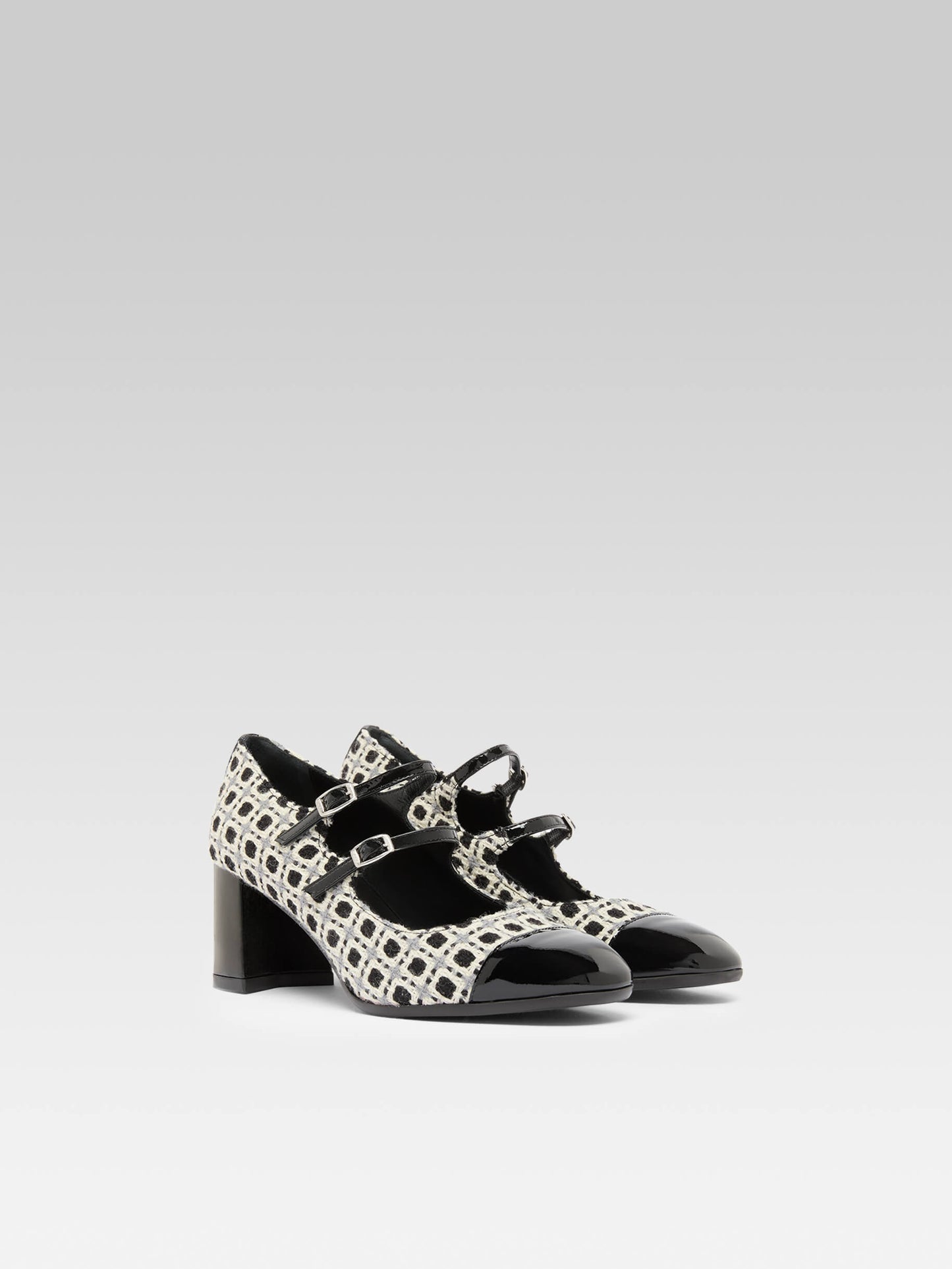 Cherry - Black and white woven and black patent leather Mary Janes pumps