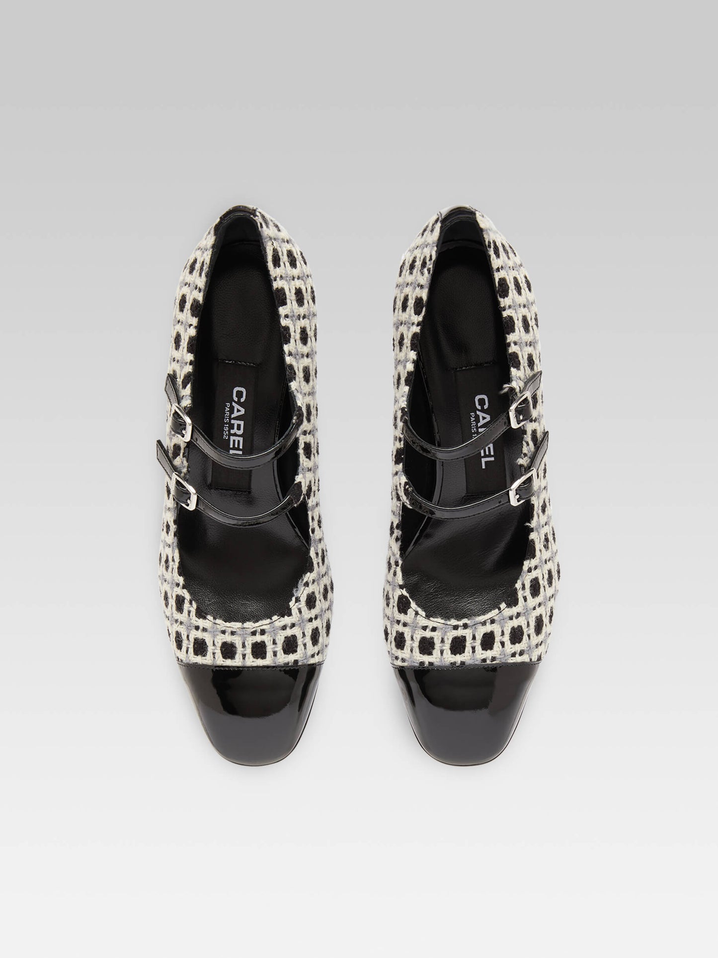 Cherry - Black and white woven and black patent leather Mary Janes pumps