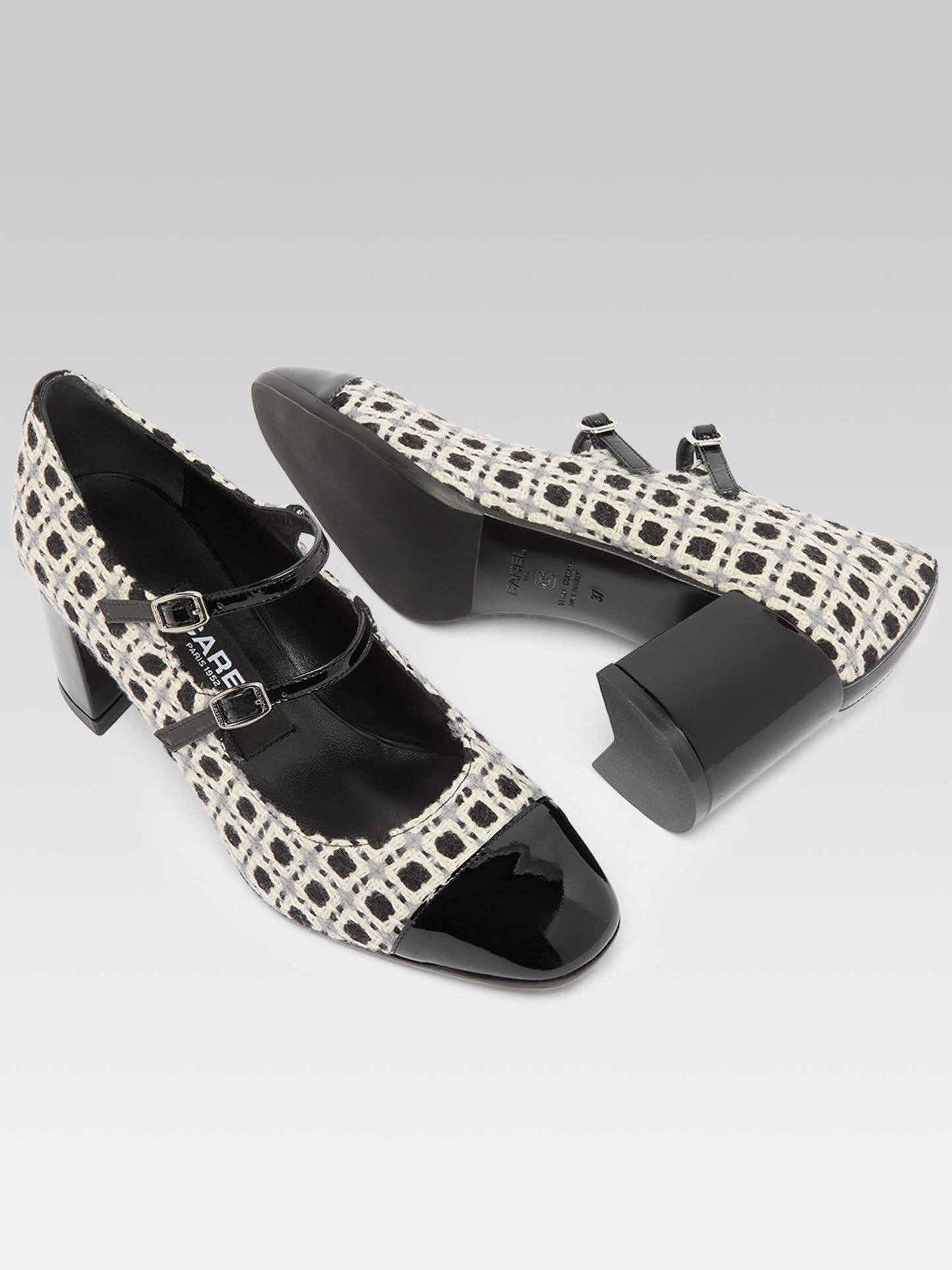 Cherry - Black and white woven and black patent leather Mary Janes pumps
