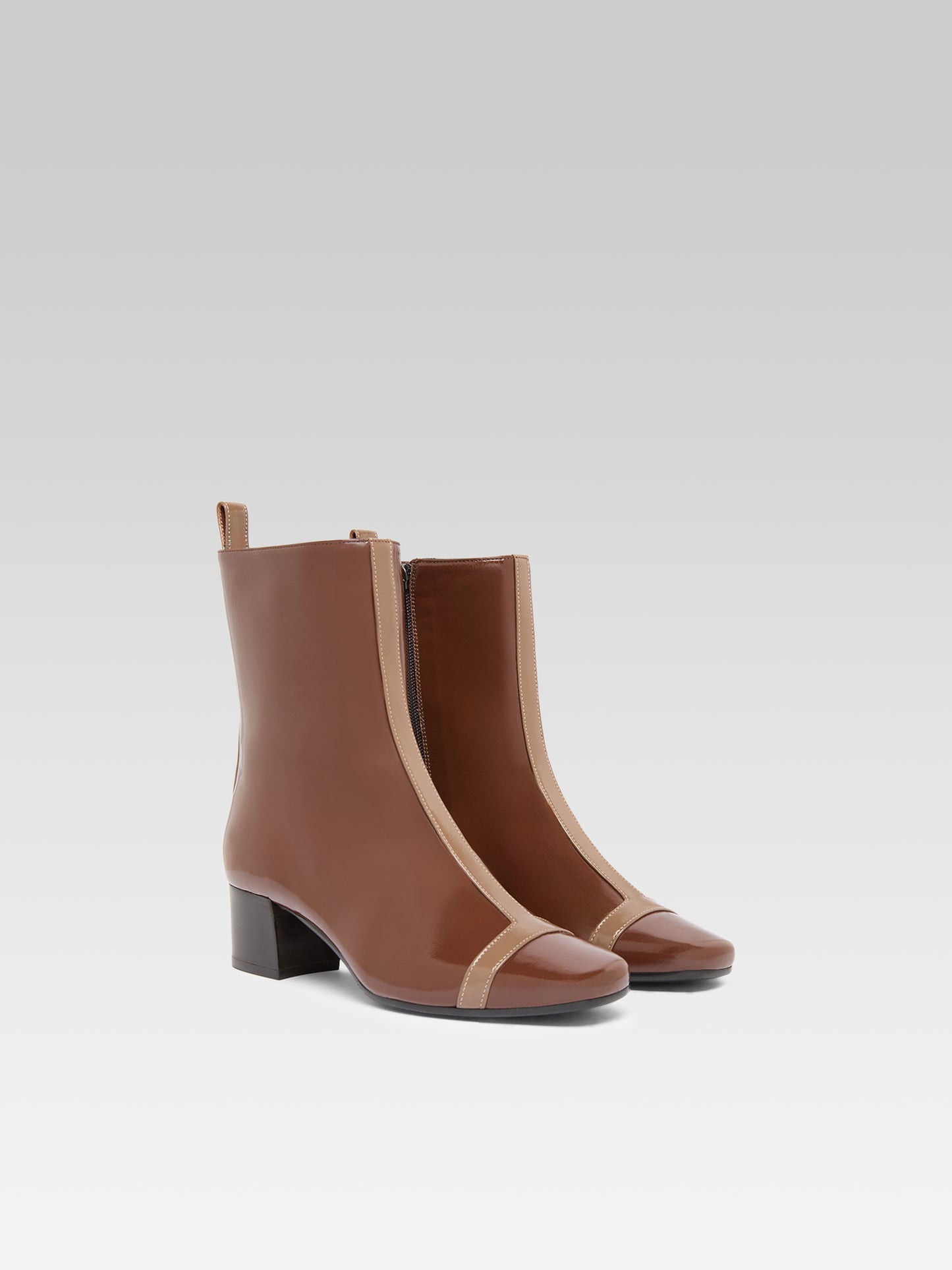 Audrey - Brown and beige naplack patent leather ankle boots