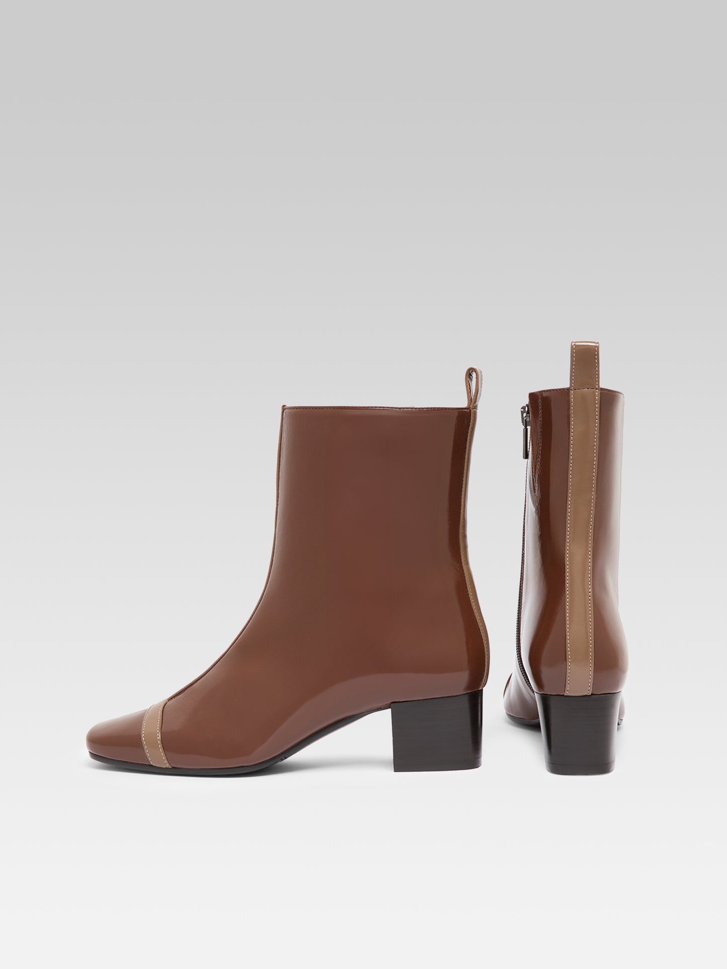 Audrey - Brown and beige naplack patent leather ankle boots