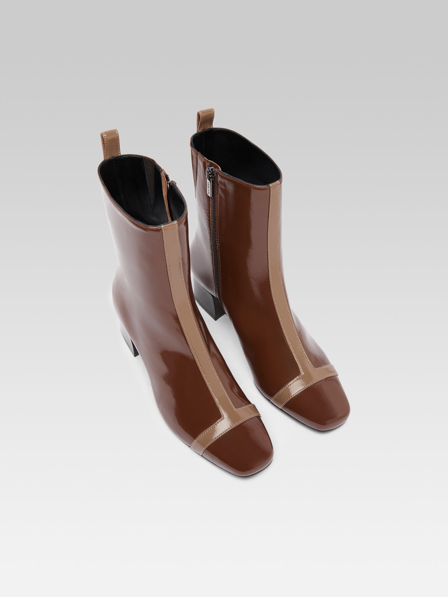 Audrey - Brown and beige naplack patent leather ankle boots