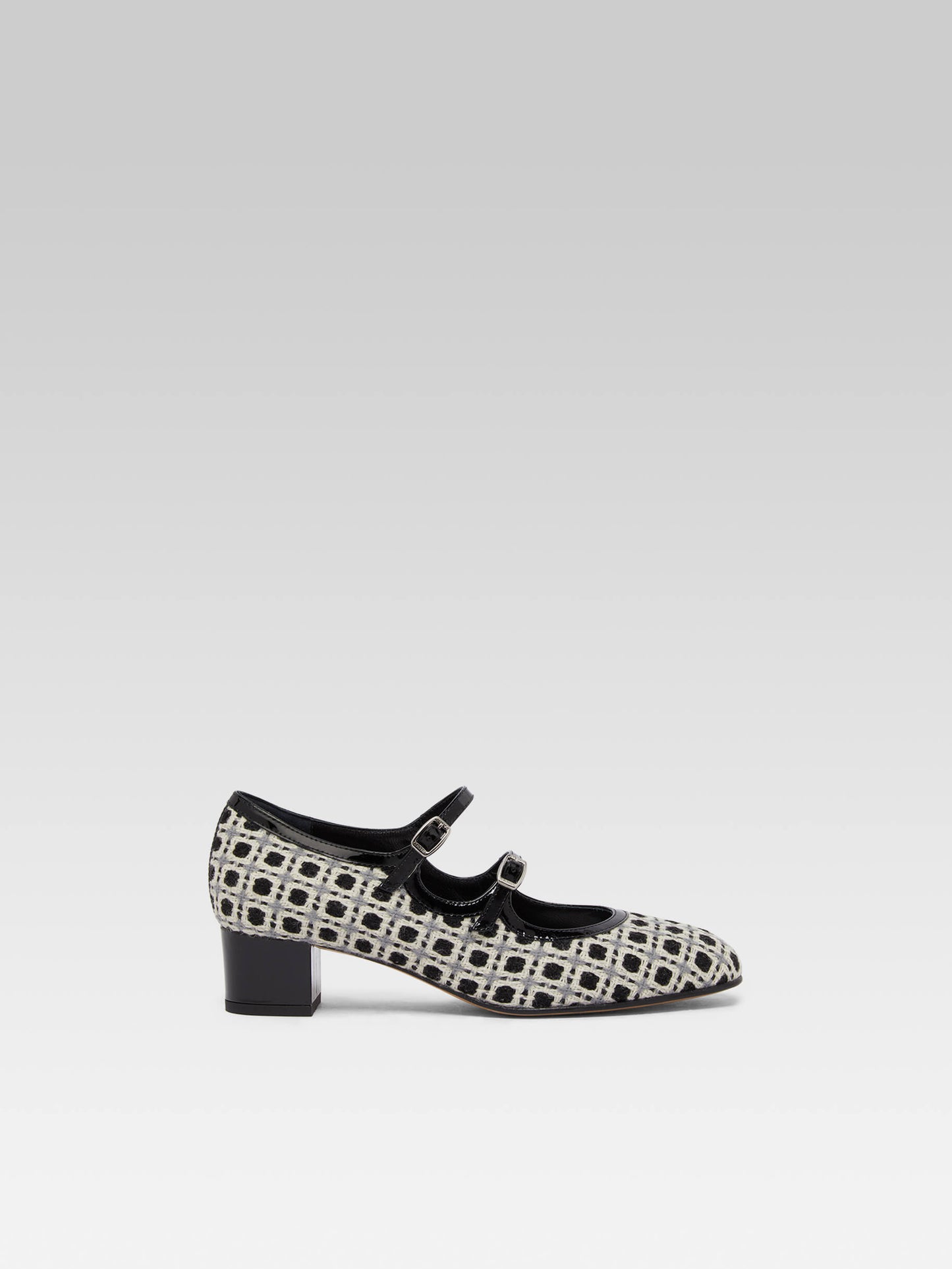 Bleuet - Black and white woven and black patent leather Mary Janes pumps