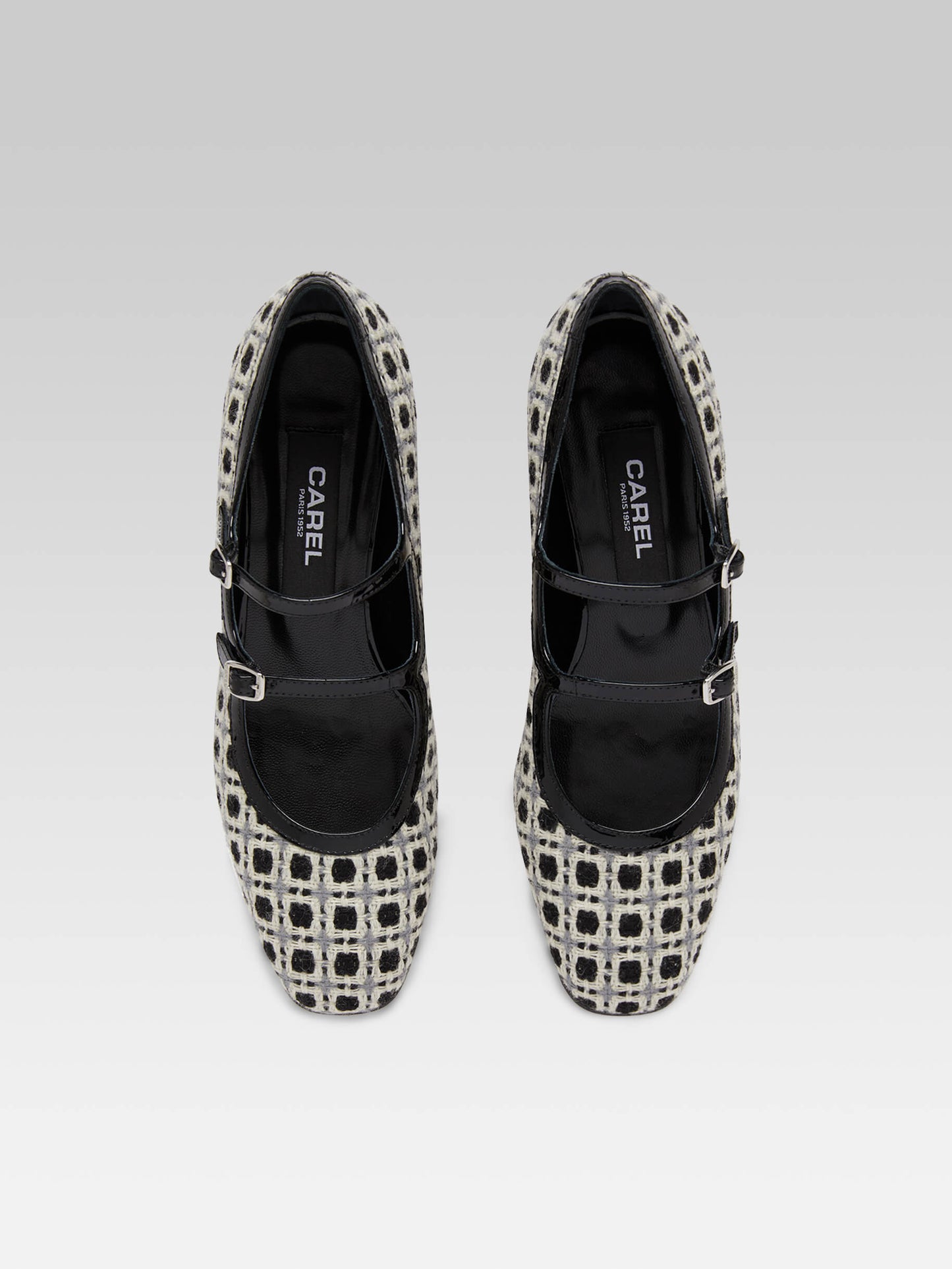 Bleuet - Black and white woven and black patent leather Mary Janes pumps