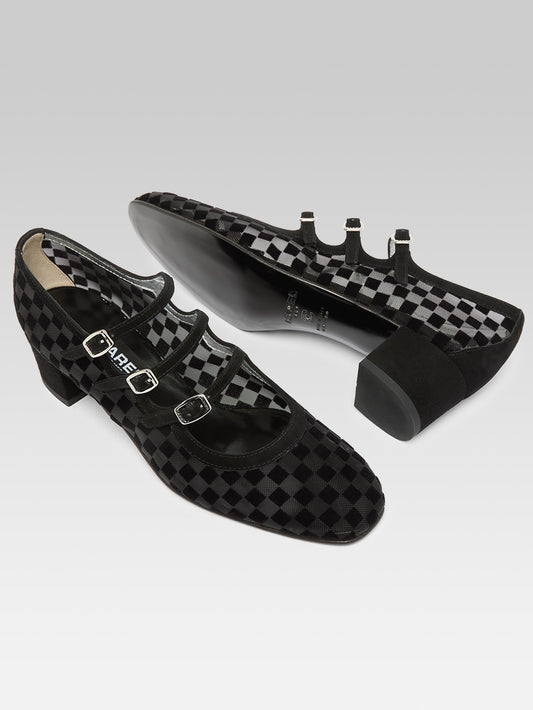 Kinight - Escarpins babies cuir velours damier résille noir - Image numéro 5