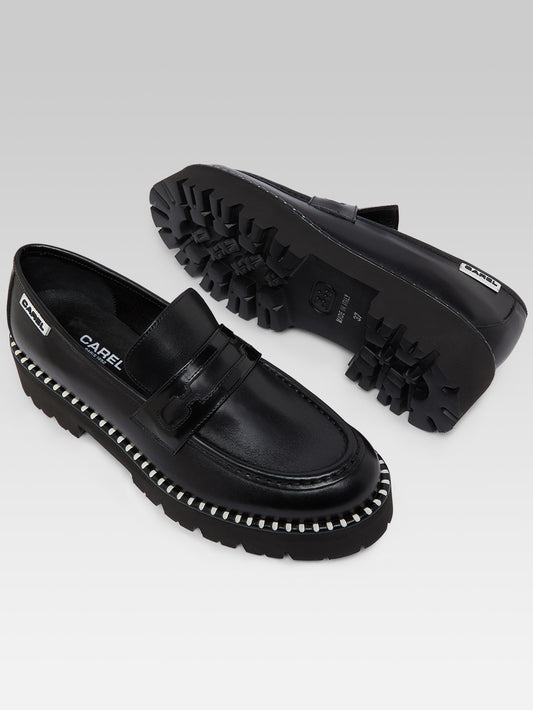 Marion - Black leather and glossy leather loafers with stitching - Image number 5