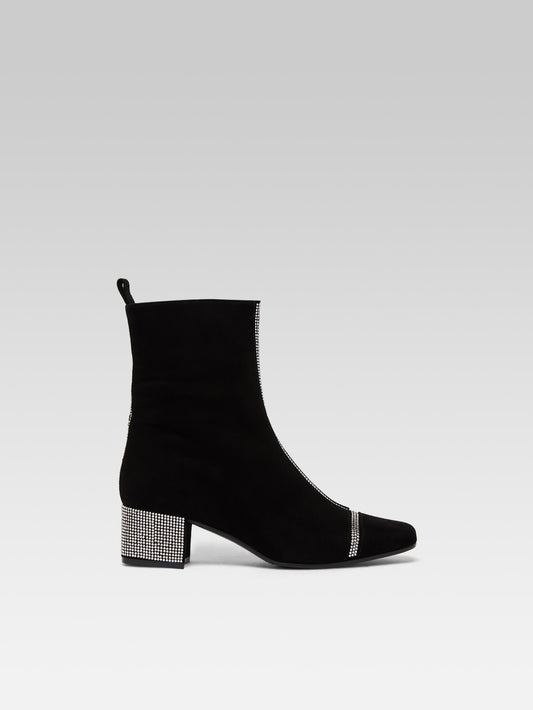 Audrey - Black suede ankle boots embellished with crystals by Swarovski®