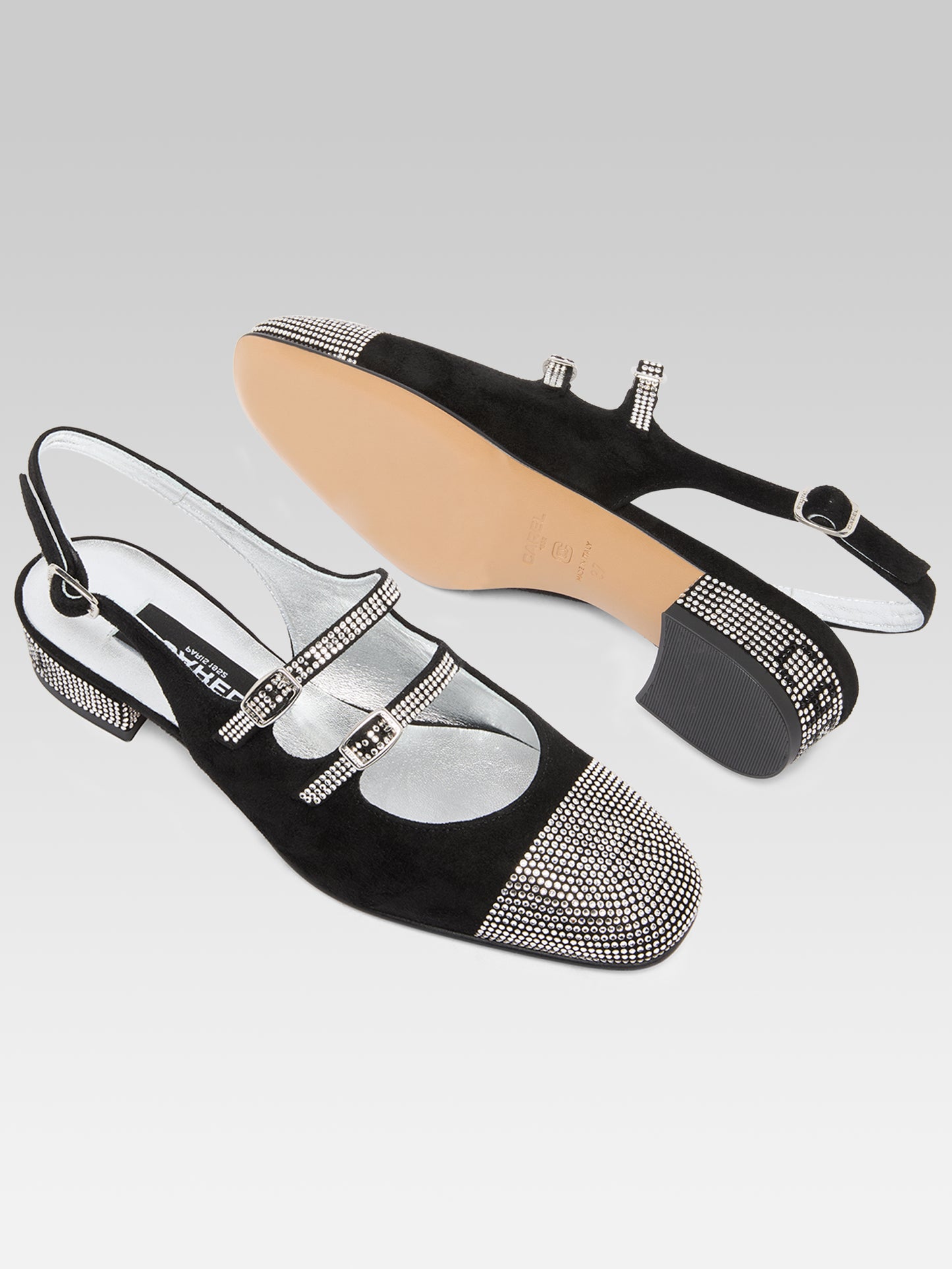 Peche - Black suede slingback Mary Janes embellished with crystals by Swarovski®