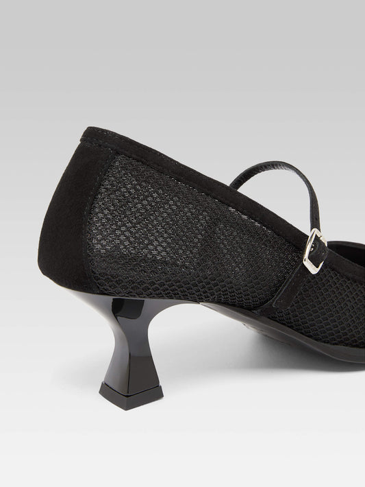 Julie - Black suede leather and mesh pumps with straps - Image number 5
