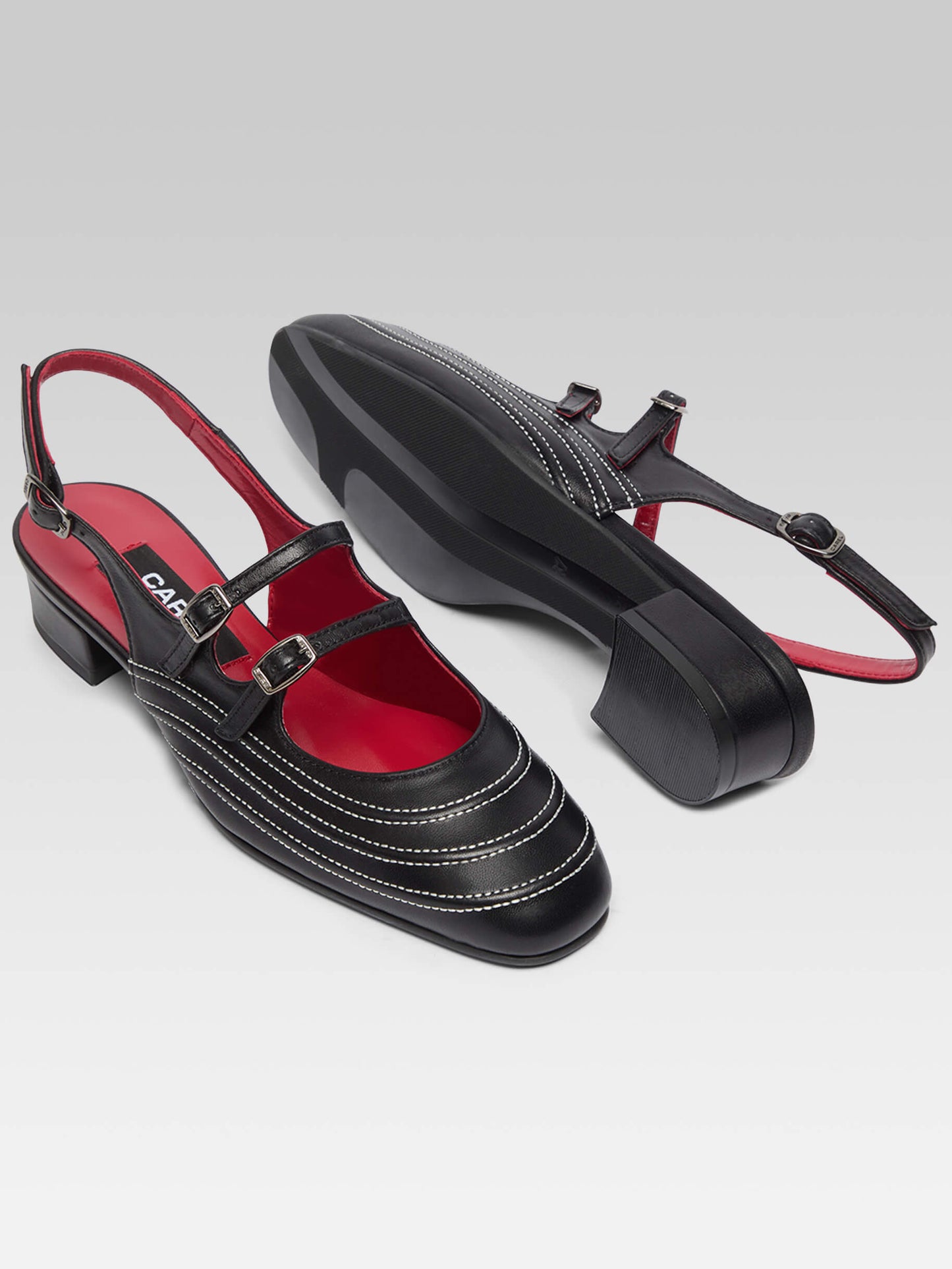 Peche Moto - Black leather slingback Mary Janes with stitching