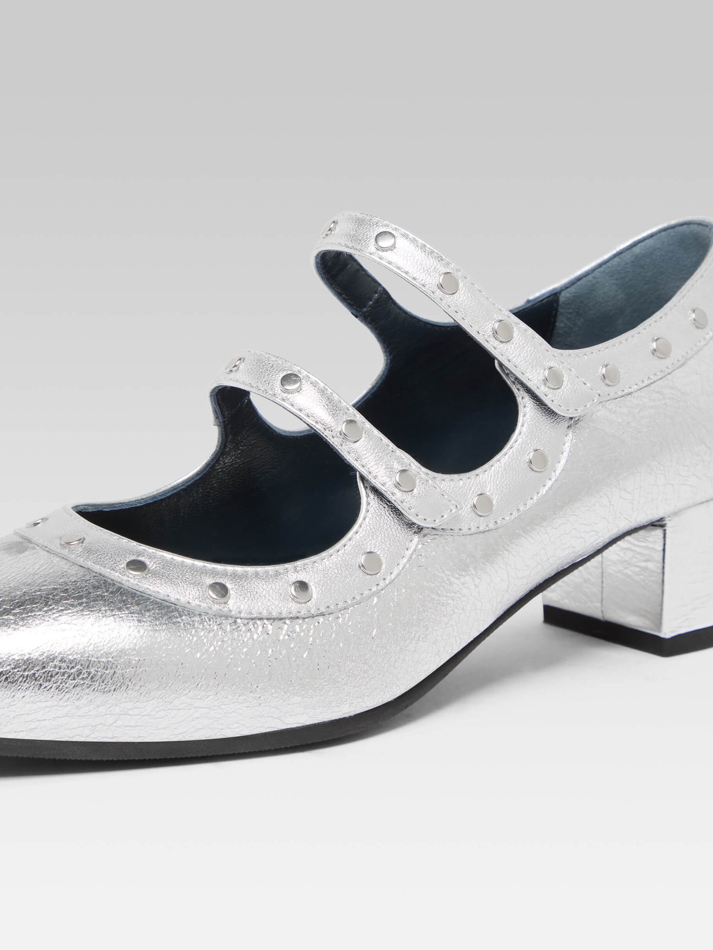 Lella - Silver laminated leather Mary Janes with studs