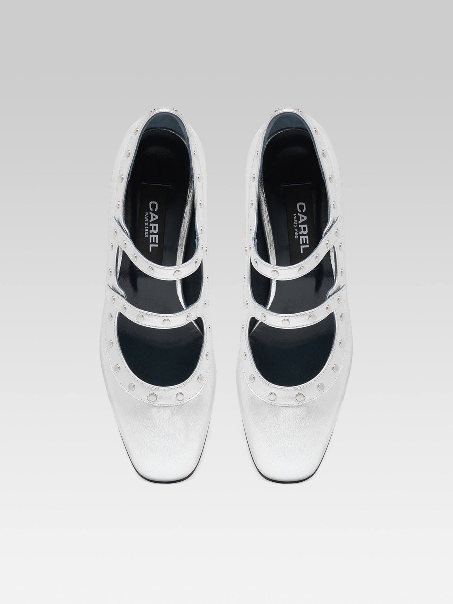 Lella - Silver laminated leather Mary Janes with studs
