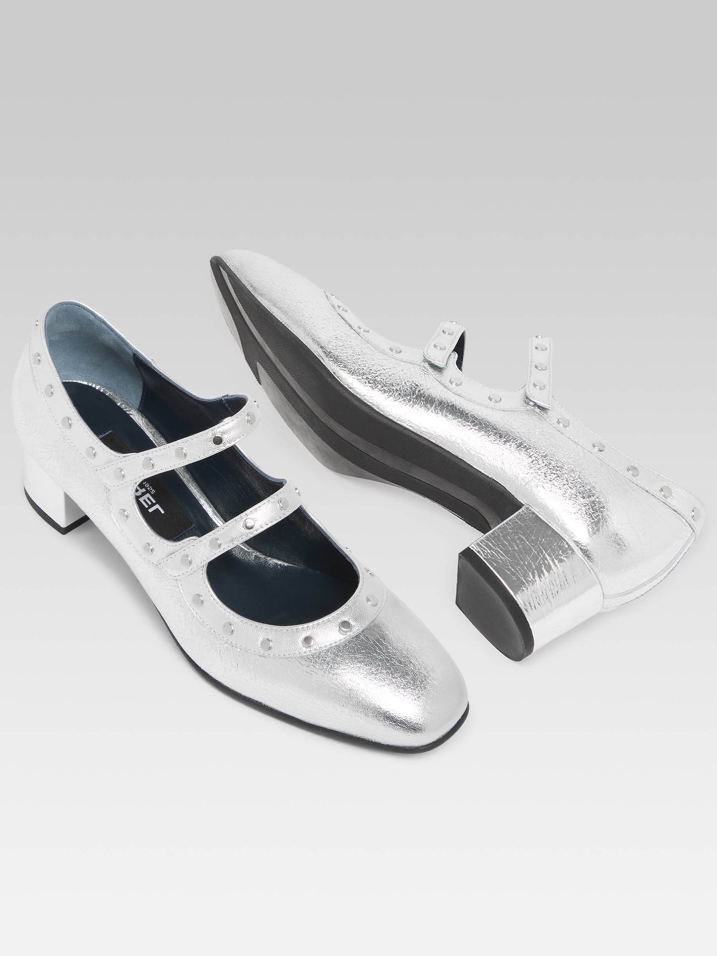 Lella - Silver laminated leather Mary Janes with studs