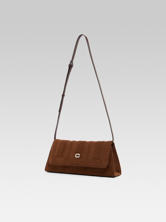 Madeleine - Cognac suede leather shoulder bag with stitching - Image number 6