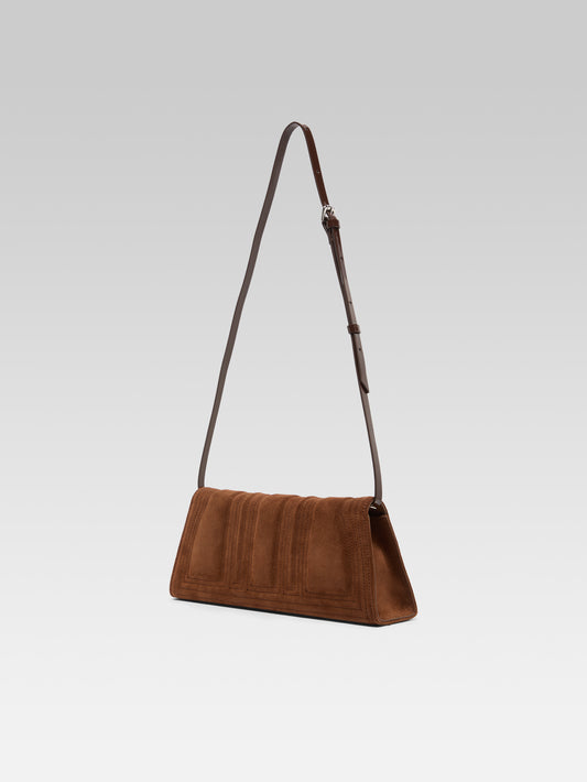 Madeleine - Cognac suede leather shoulder bag with stitching - Image number 4