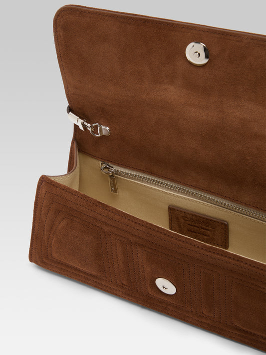 Madeleine - Cognac suede leather shoulder bag with stitching - Image number 5