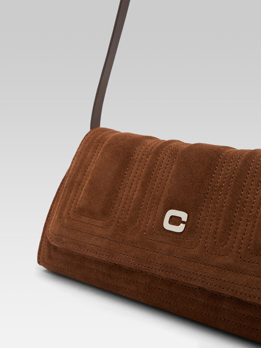 Madeleine - Cognac suede leather shoulder bag with stitching - Image number 2