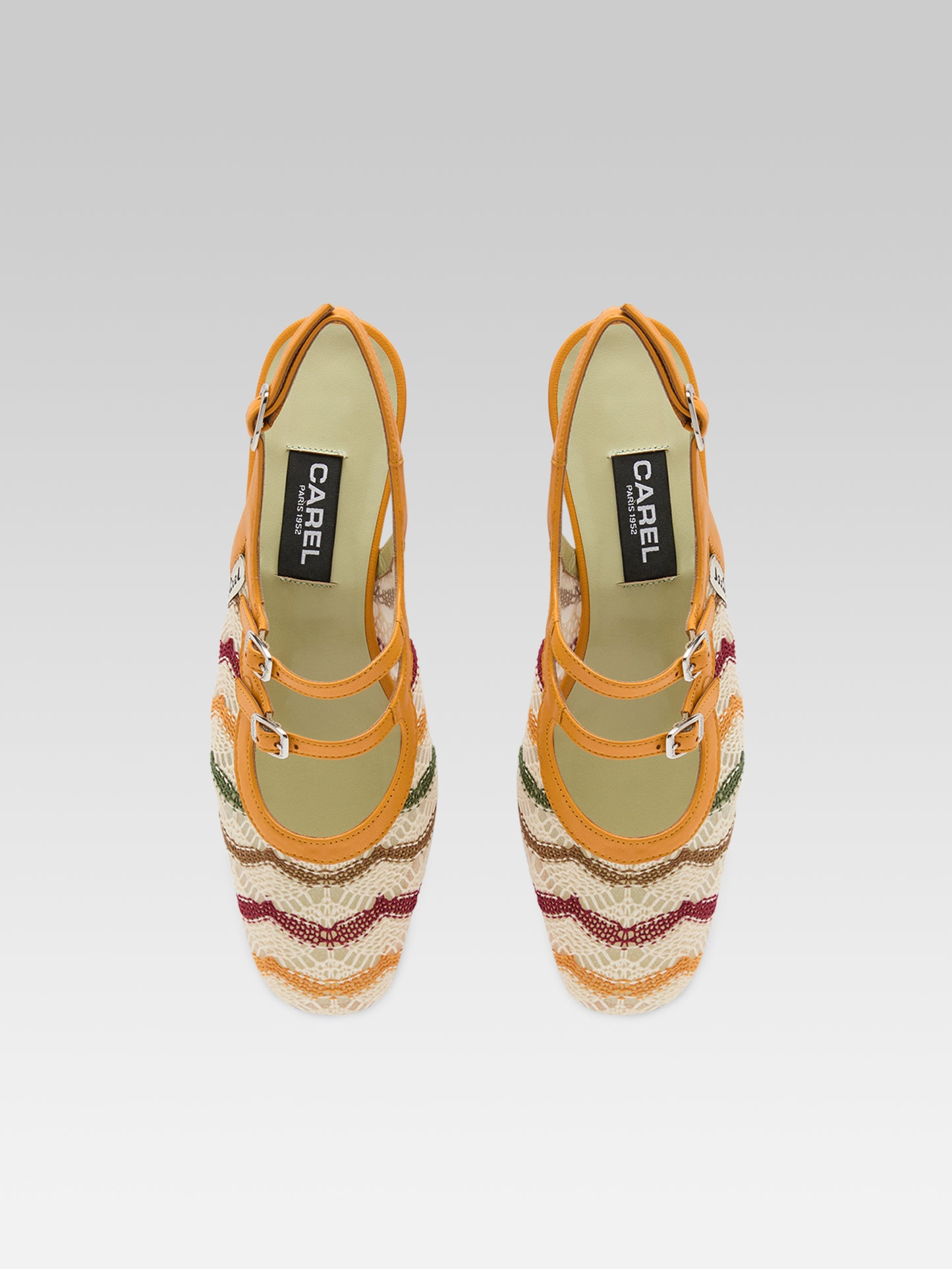 Peche - Mango patent leather and ivory crochet slingback Mary Janes