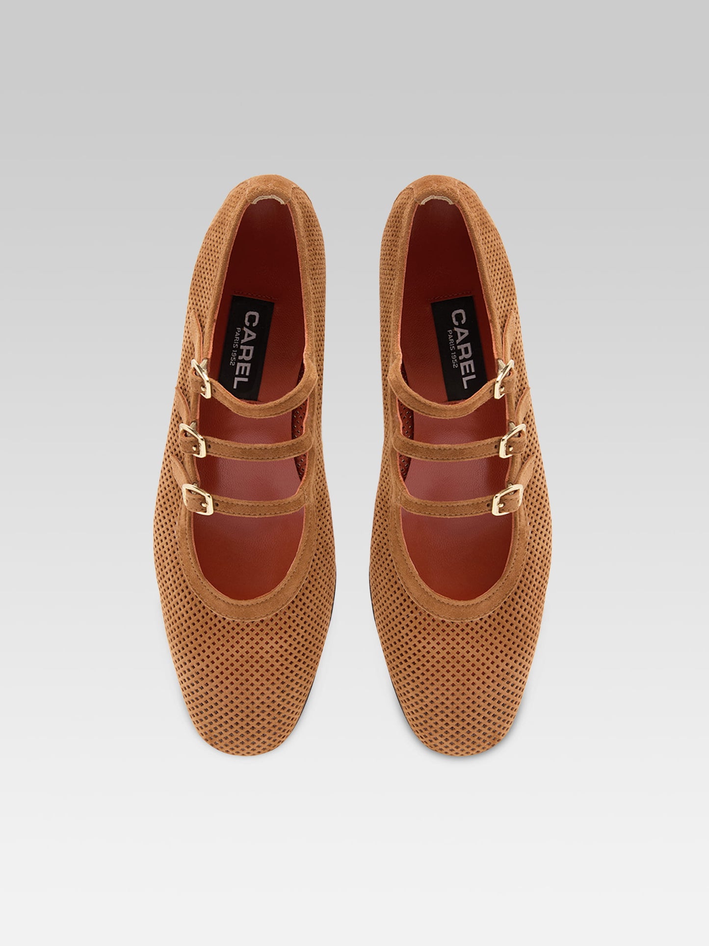 Ariana - Cognac perforated suede leather Mary Janes ballet flats