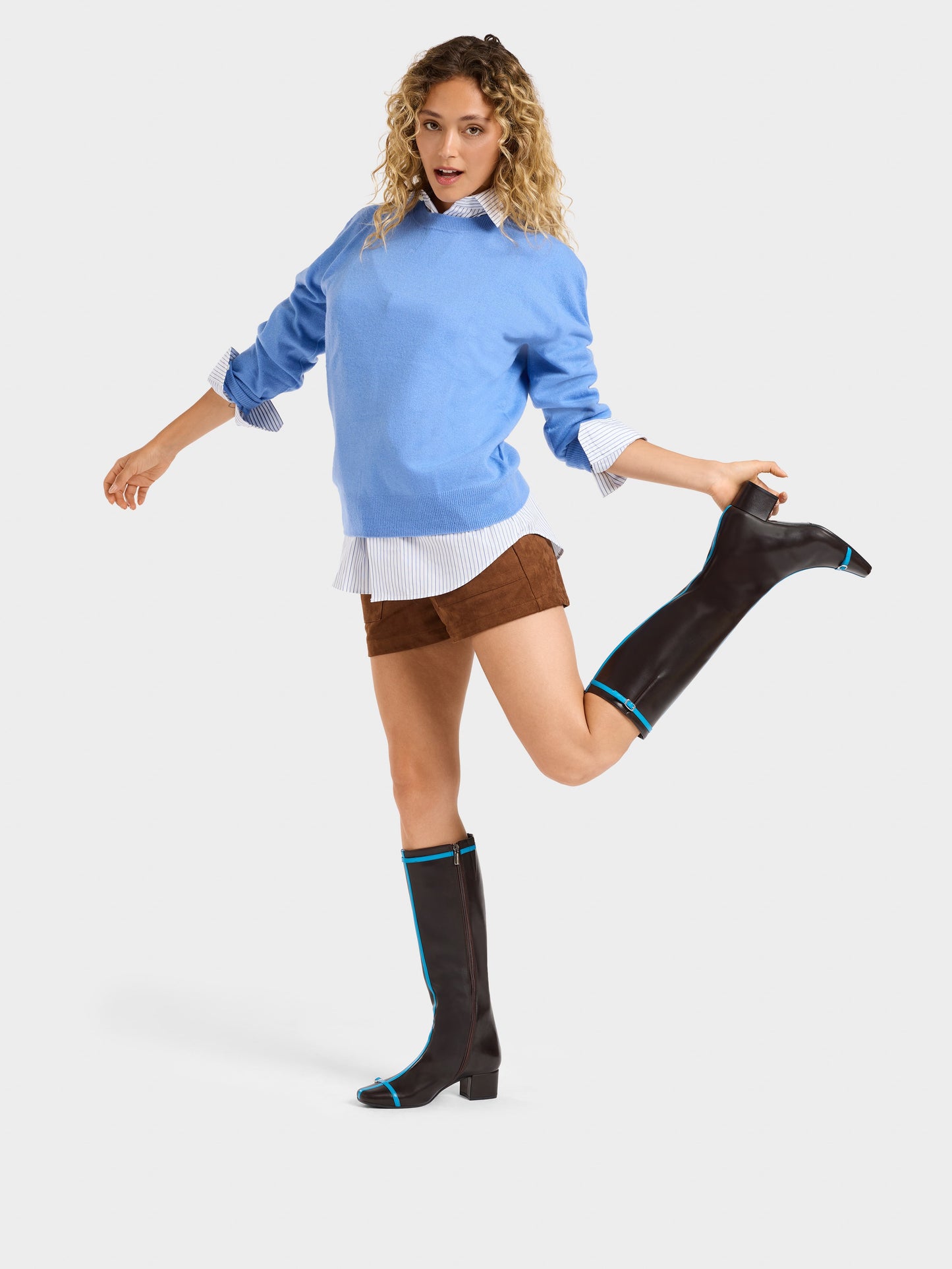 Starter - Brown upcycled leather boots with blue straps