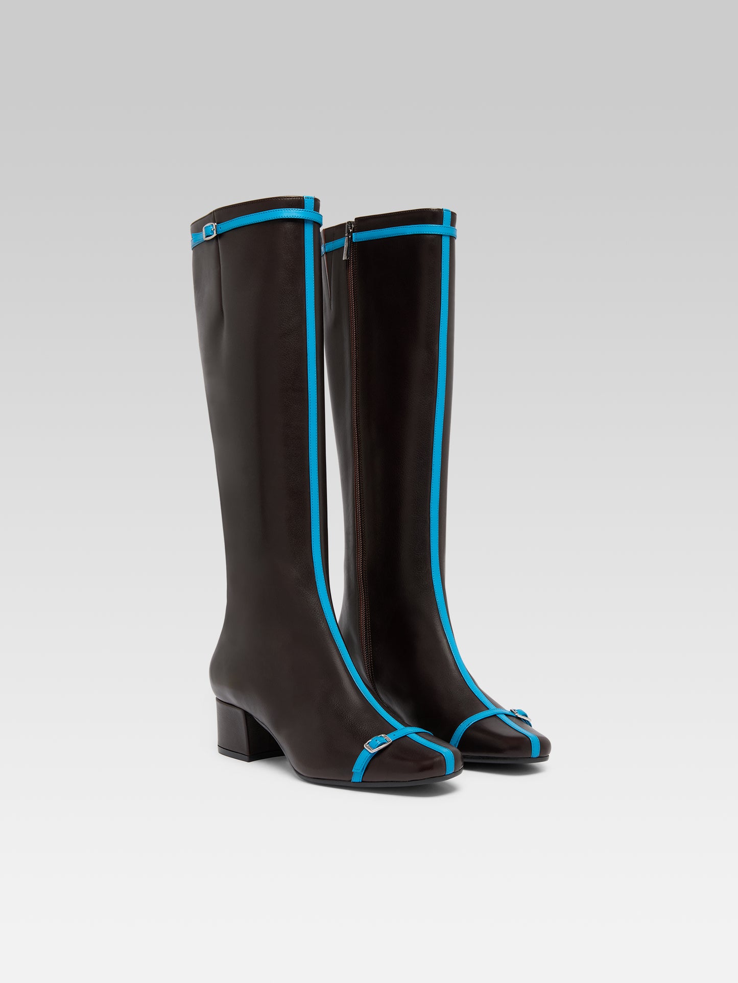 Starter - Brown upcycled leather boots with blue straps