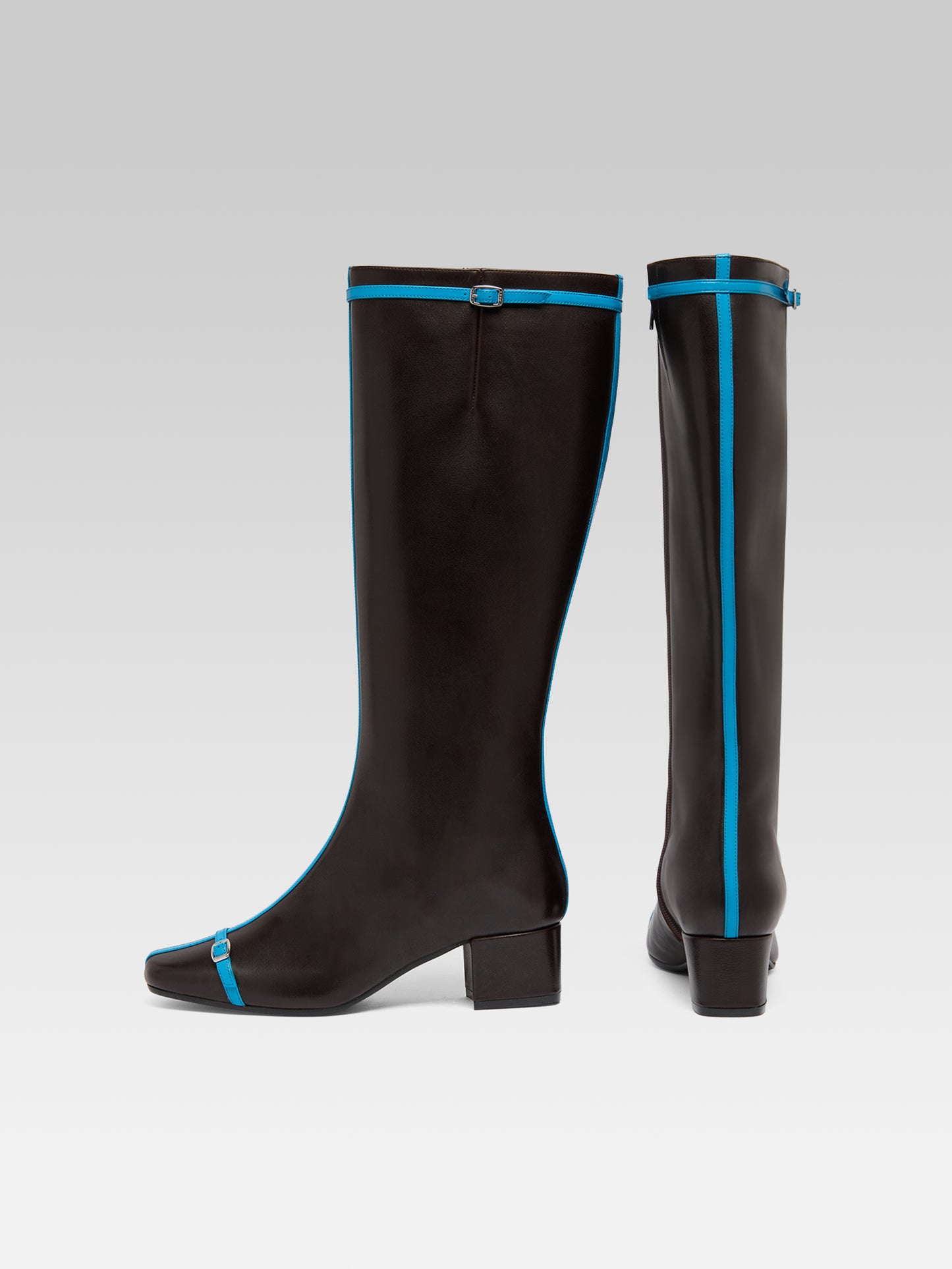 Starter - Brown upcycled leather boots with blue straps