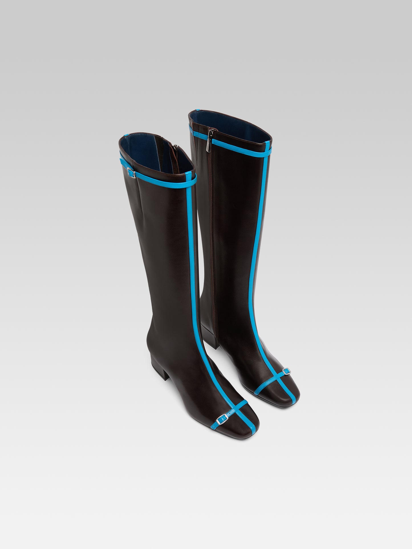 Starter - Brown upcycled leather boots with blue straps