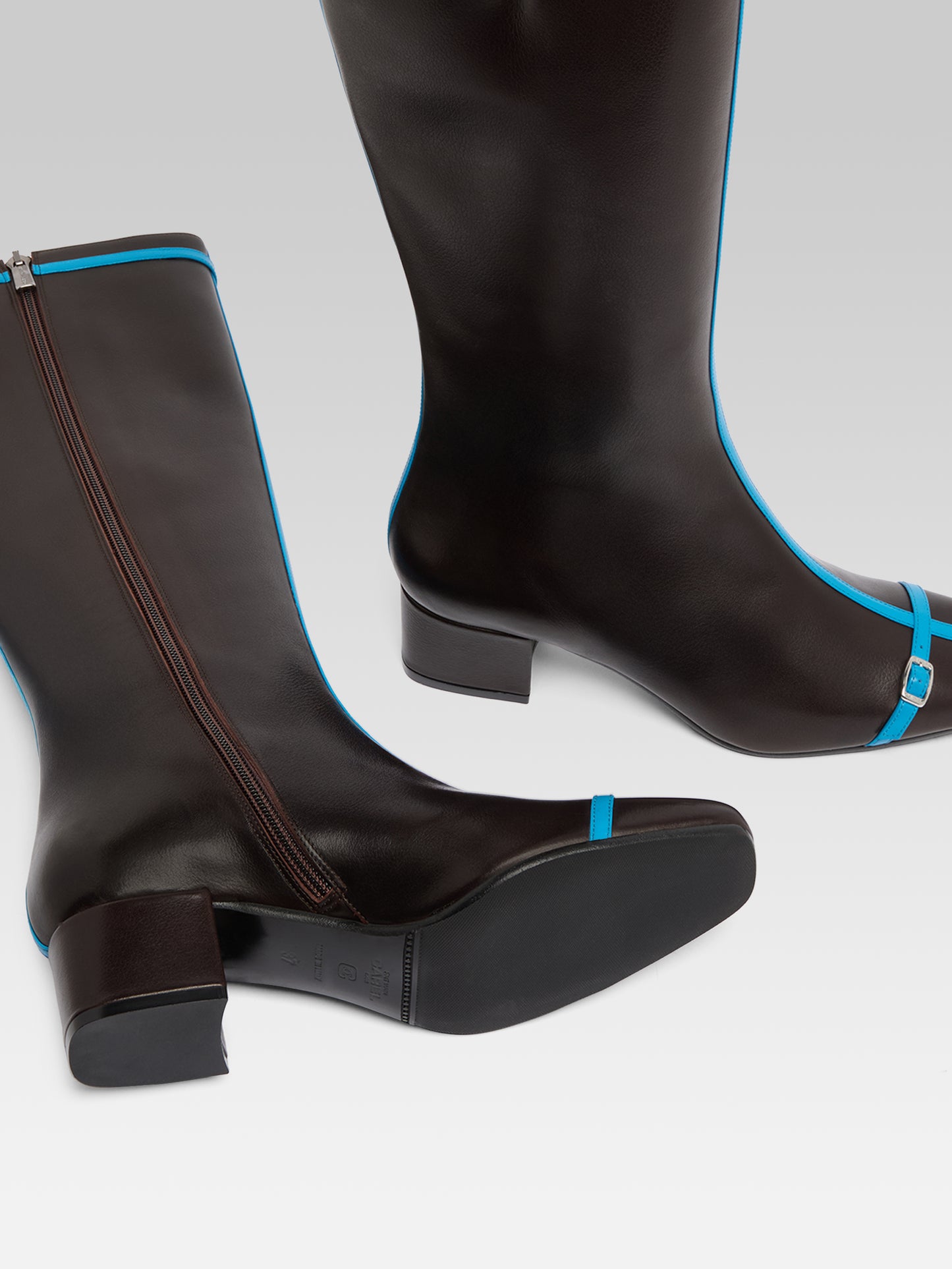 Starter - Brown upcycled leather boots with blue straps