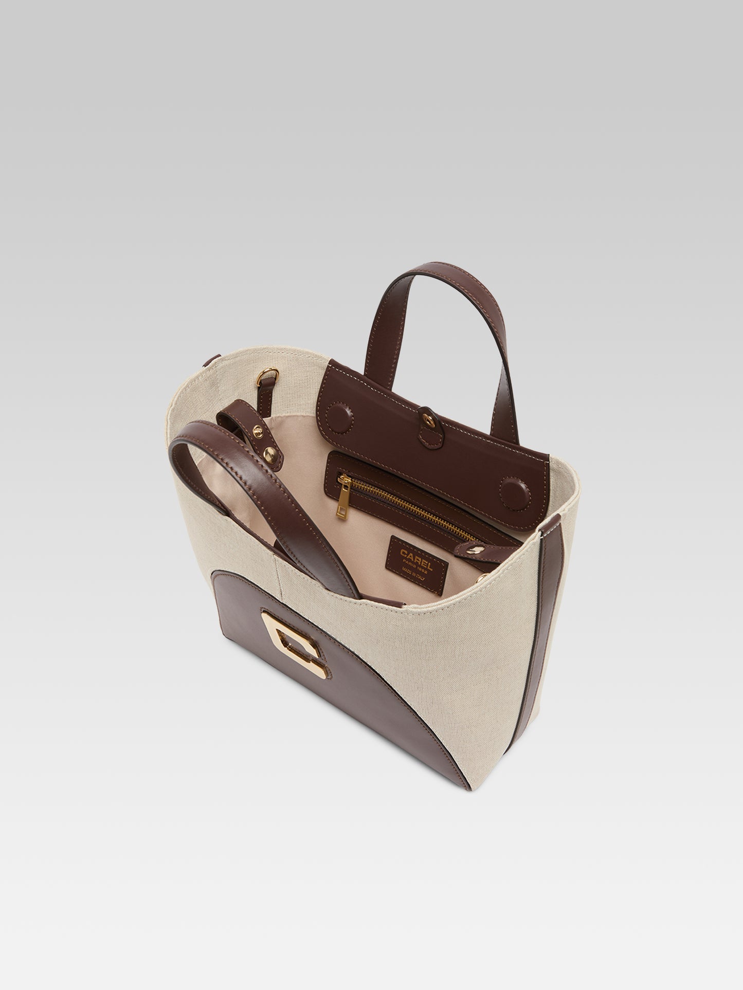 Clem - Brown leather and beige canvas mini tote bag