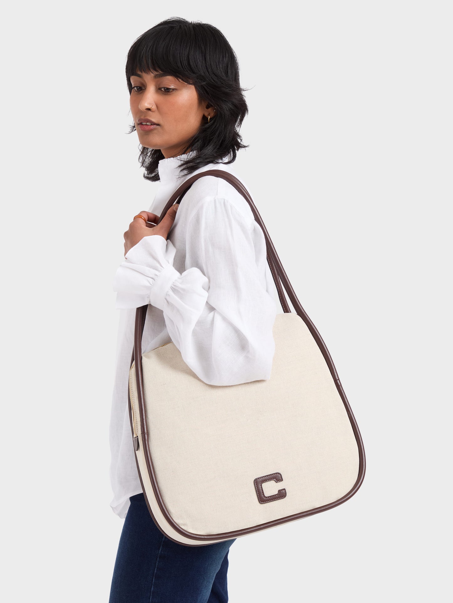 Germain - Beige cotton and brown leather tote bag