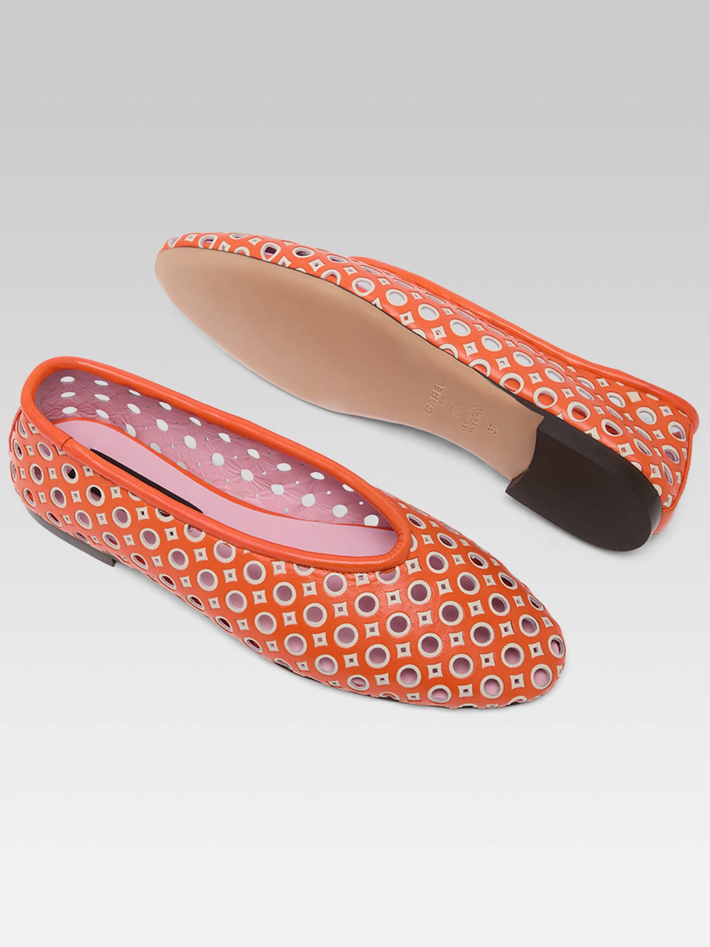 Soleil - Orange and ivory perforated leather ballet flats