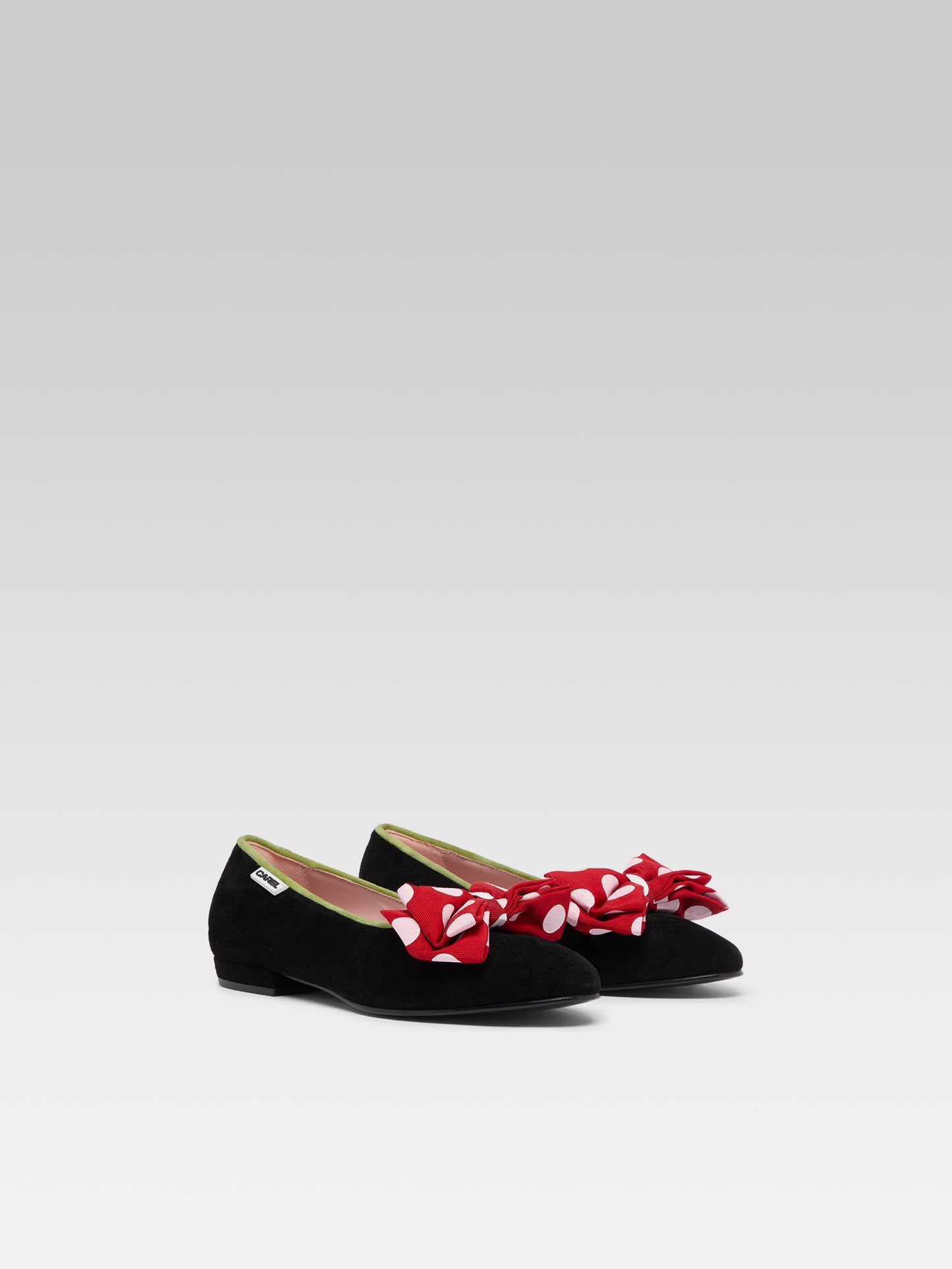 Marquis XL - Black suede leather ballet flats with red and white bow