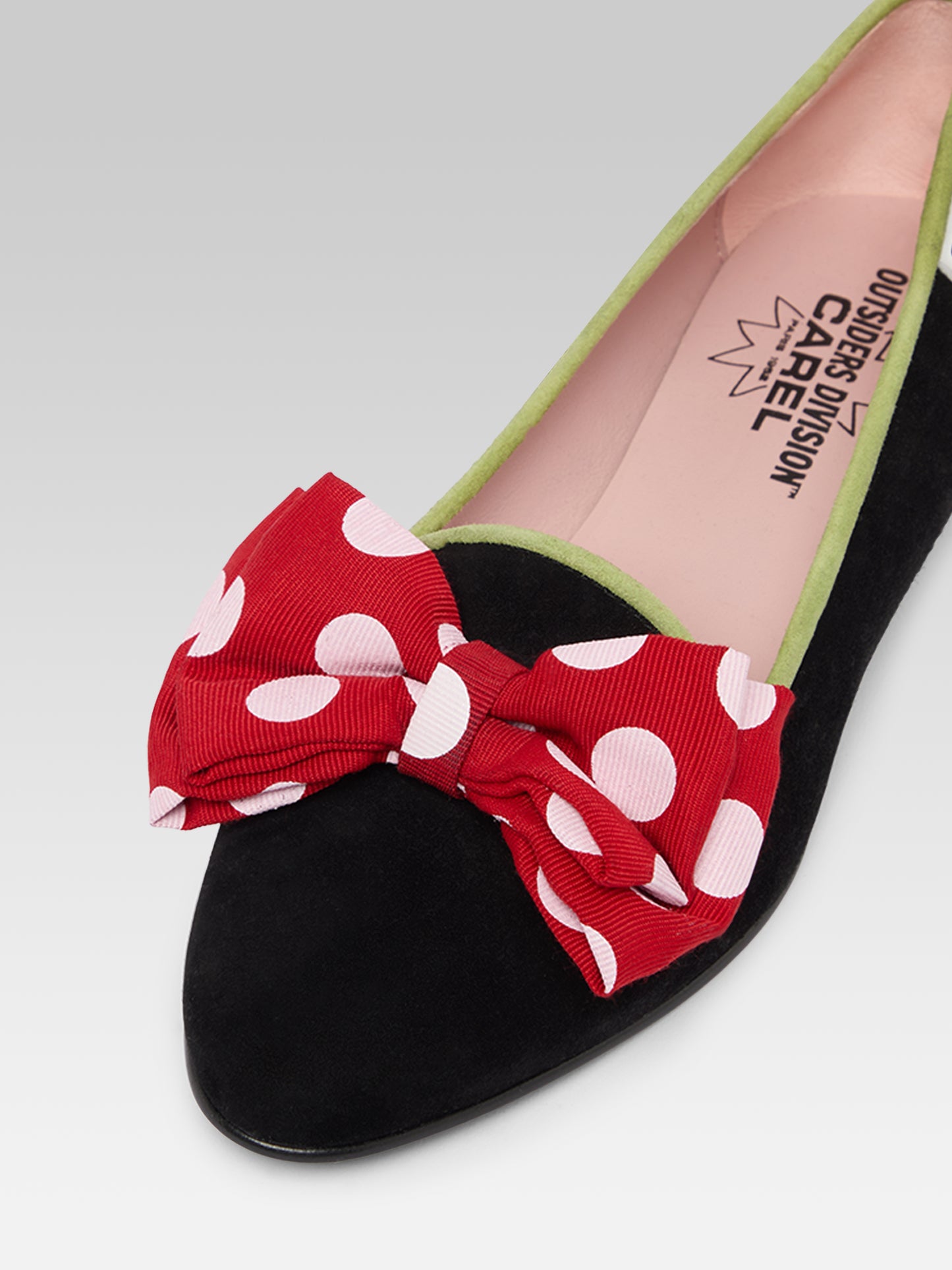 Marquis XL - Black suede leather ballet flats with red and white bow