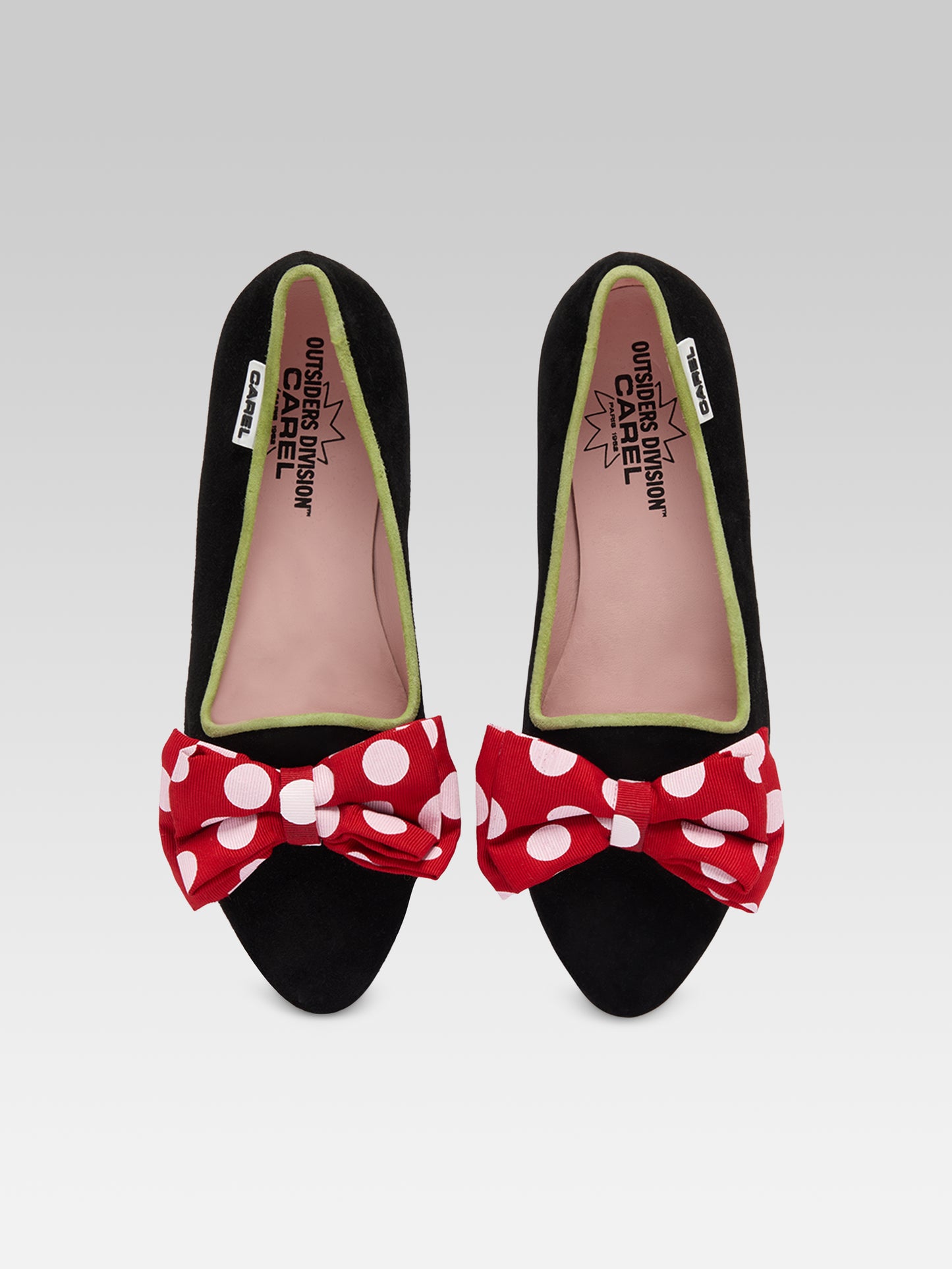 Marquis XL - Black suede leather ballet flats with red and white bow